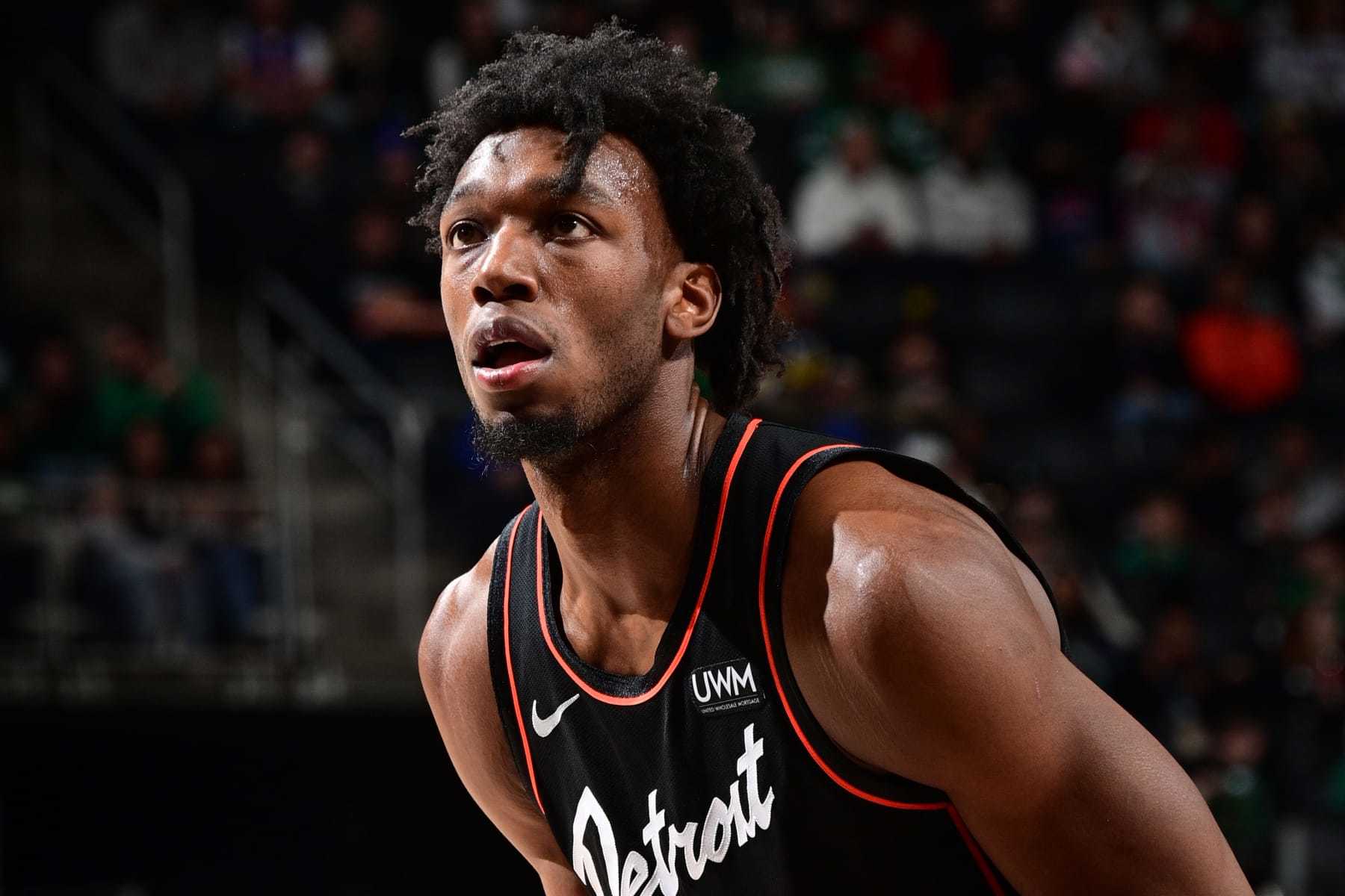 DETROIT, MI - MARCH 22: James Wiseman #13 of the Detroit Pistons shoots a free throw during the game against the Boston Celtics on March 22, 2024 at Little Caesars Arena in Detroit, Michigan. NOTE TO USER: User expressly acknowledges and agrees that, by downloading and/or using this photograph, User is consenting to the terms and conditions of the Getty Images License Agreement. Mandatory Copyright Notice: Copyright 2024 NBAE (Photo by Chris Schwegler/NBAE via Getty Images)