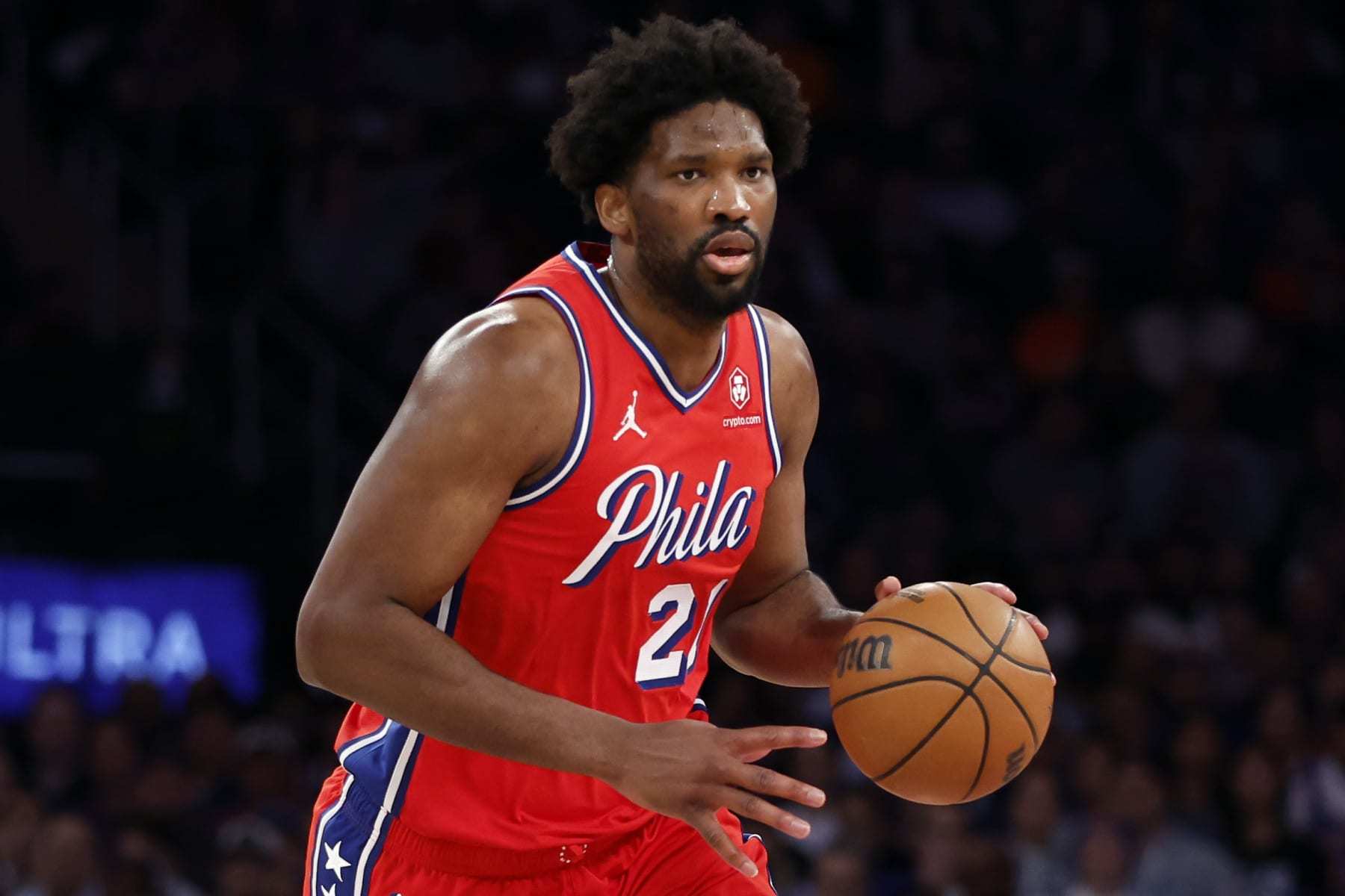 NEW YORK, NEW YORK - APRIL 22: Joel Embiid #21 of the Philadelphia 76ers dribbles during the first half against the New York Knicks in Game Two of the Eastern Conference First Round Playoffs at Madison Square Garden on April 22, 2024 in New York City. NOTE TO USER: User expressly acknowledges and agrees that, by downloading and or using this photograph, User is consenting to the terms and conditions of the Getty Images License Agreement. (Photo by Sarah Stier/Getty Images)