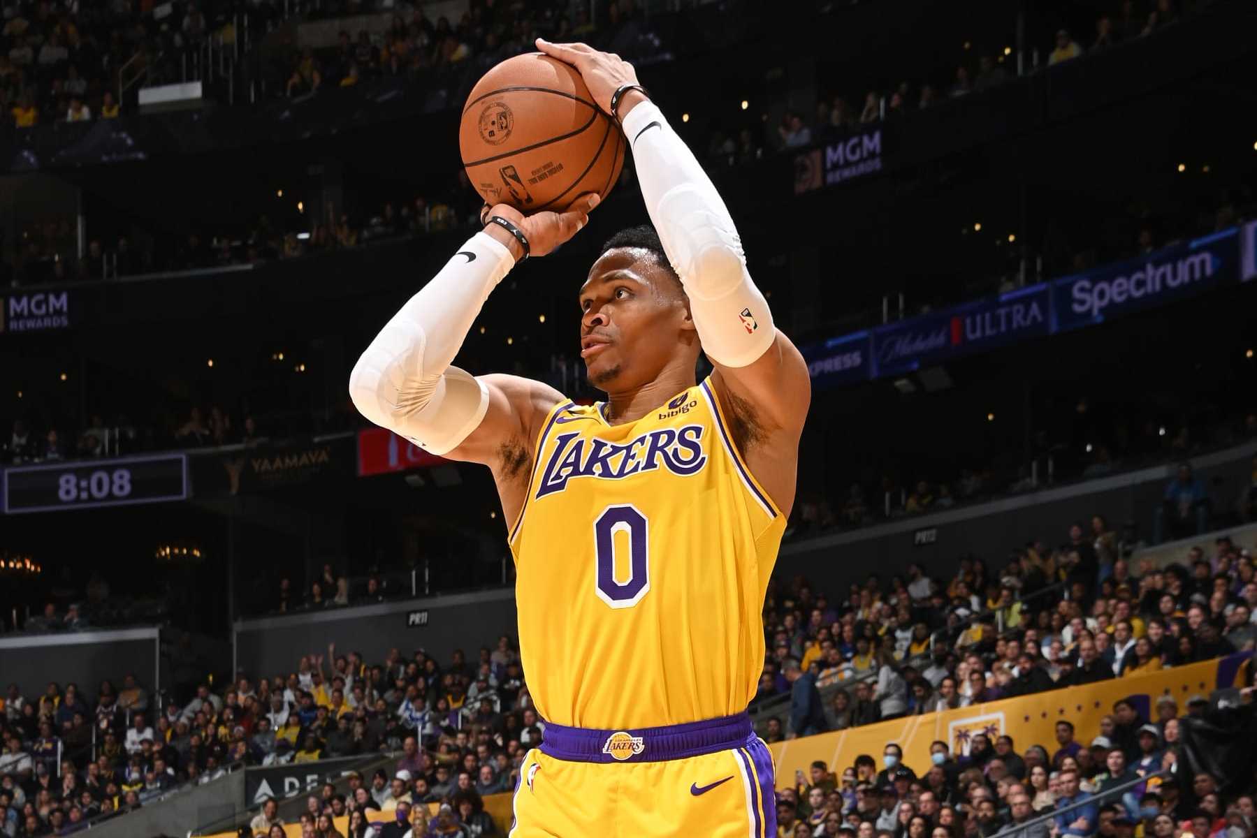 LOS ANGELES, CA - FEBRUARY 7: Russell Westbrook #0 of the Los Angeles Lakers shoots a three point basket against the Oklahoma City Thunder on February 7, 2023 at Crypto.Com Arena in Los Angeles, California. NOTE TO USER: User expressly acknowledges and agrees that, by downloading and/or using this Photograph, user is consenting to the terms and conditions of the Getty Images License Agreement. Mandatory Copyright Notice: Copyright 2023 NBAE (Photo by Andrew D. Bernstein/NBAE via Getty Images) LOS ANGELES, CA - FEBRUARY 7: Russell Westbrook #0 of the Los Angeles Lakers shoots a three point basket against the Oklahoma City Thunder on February 7, 2023 at Crypto.Com Arena in Los Angeles, California. NOTE TO USER: User expressly acknowledges and agrees that, by downloading and/or using this Photograph, user is consenting to the terms and conditions of the Getty Images License Agreement. Mandatory Copyright Notice: Copyright 2023 NBAE (Photo by Andrew D. Bernstein/NBAE via Getty Images)