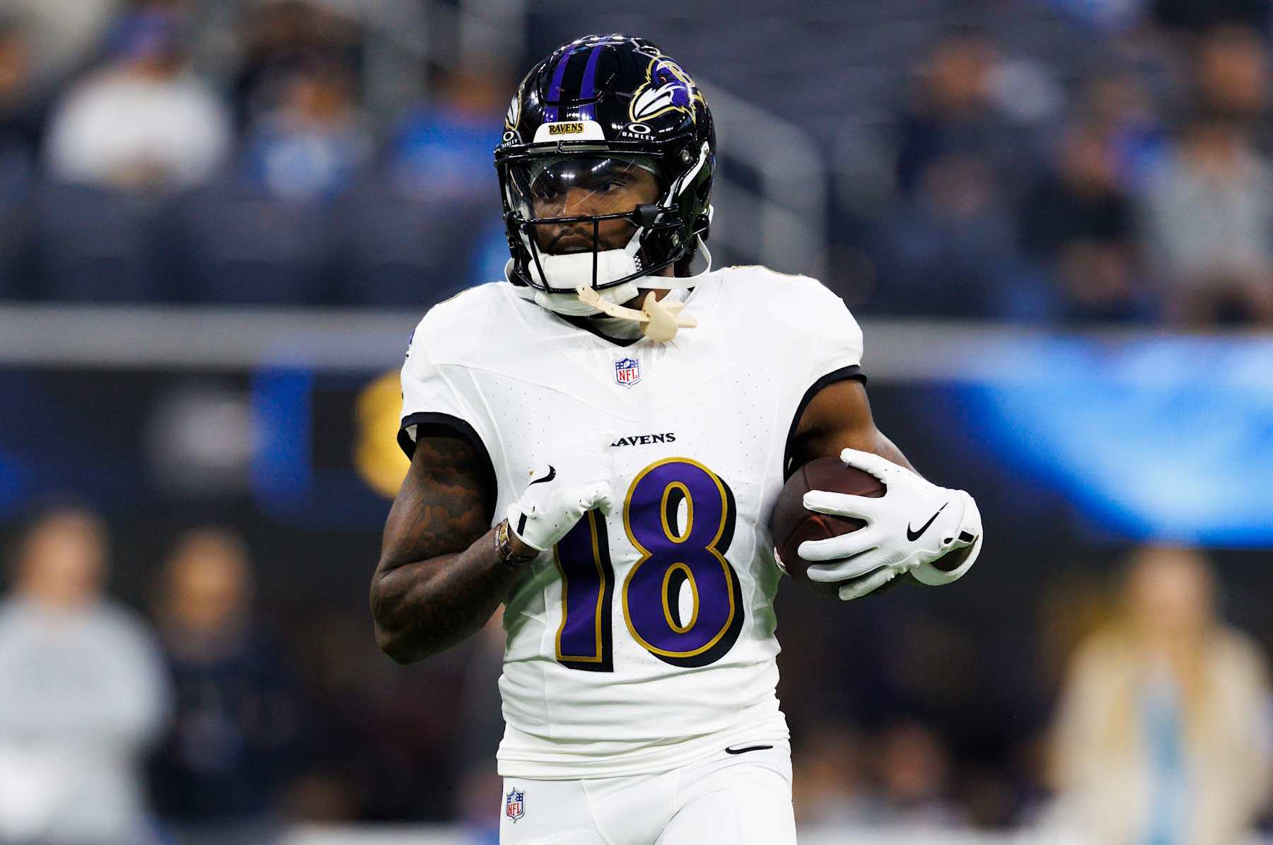 INGLEWOOD, CALIFORNIA - NOVEMBER 25: Diontae Johnson #18 of the Baltimore Ravens runs after the catch before a game against the Los Angeles Chargers at SoFi Stadium on November 25, 2024 in Inglewood, California. (Photo by Ric Tapia/Getty Images)