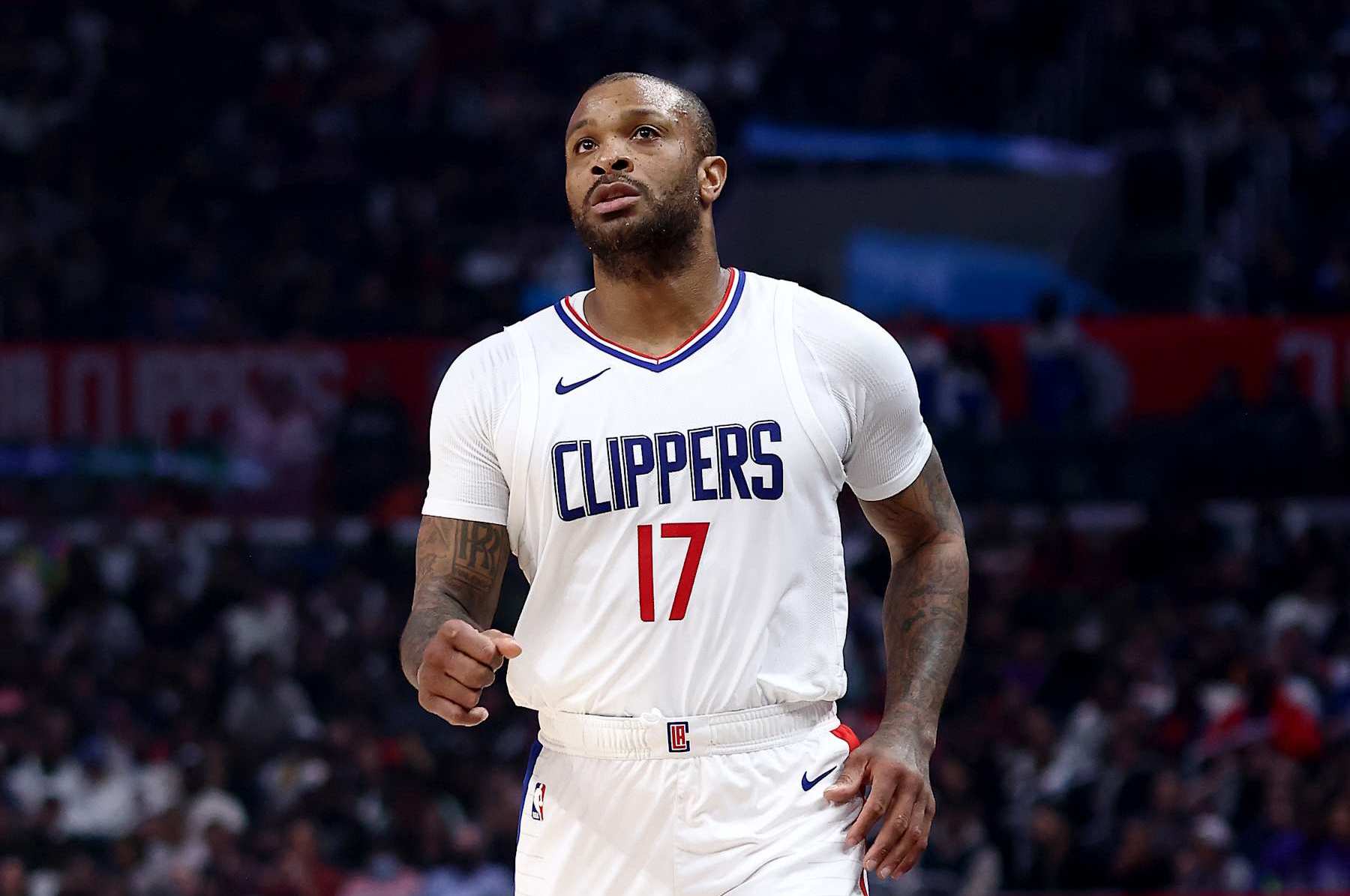LOS ANGELES, CALIFORNIA - FEBRUARY 25: P.J. Tucker #17 of the Los Angeles Clippers looks on during the second quarter against the Sacramento Kings at Crypto.com Arena on February 25, 2024 in Los Angeles, California. The Sacramento Kings defeated the Los Angeles Clippers 123-107. NOTE TO USER: User expressly acknowledges and agrees that, by downloading and or using this photograph, User is consenting to the terms and conditions of the Getty Images License Agreement. (Photo by Katelyn Mulcahy/Getty Images)