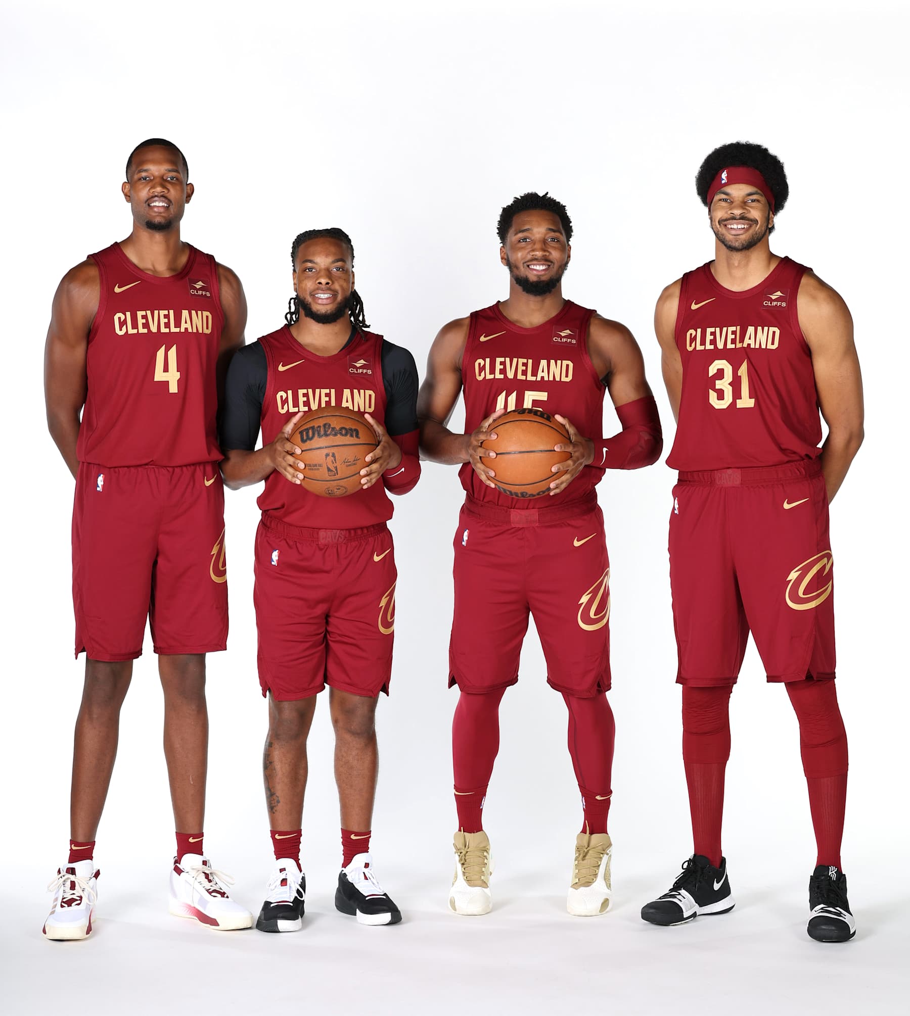 CLEVELAND, OH - OCTOBER 02: Evan Mobley #4,  Jarrett Allen #31, Darius Garland #10, and Donovan Mitchell #45 of the Cleveland Cavaliers poses for a portrait during 2023-24 NBA Media Day on October 2, 2023 at Rocket Mortgage FieldHouse in Cleveland, Ohio. NOTE TO USER: User expressly acknowledges and agrees that, by downloading and/or using this Photograph, user is consenting to the terms and conditions of the Getty Images License Agreement. Mandatory Copyright Notice: Copyright 2023 NBAE (Photo by Lauren Leigh Bacho/NBAE via Getty Images)