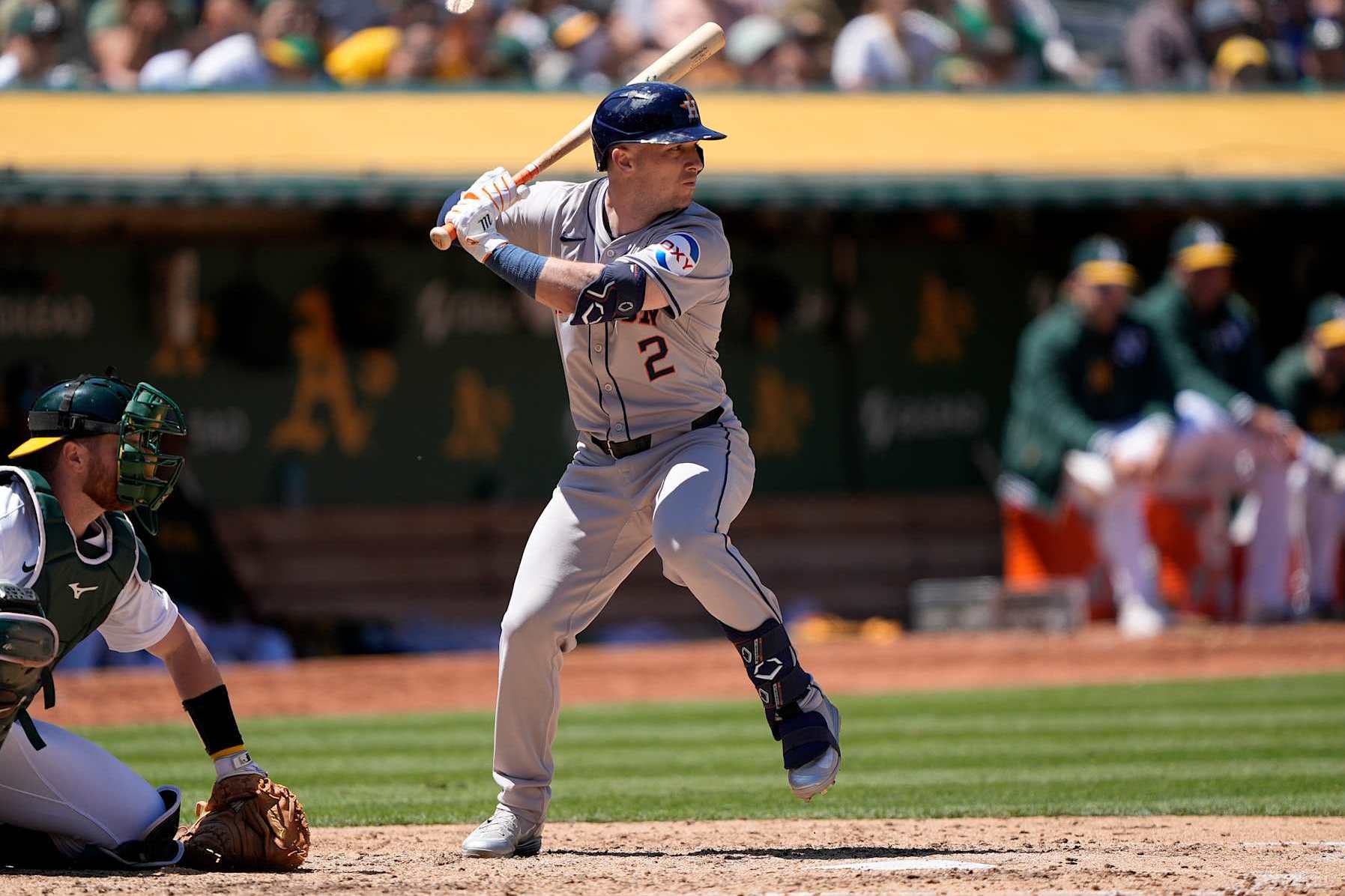 OAKLAND, CALIFORNIA - MAY 25: Alex Bregman #2 of the Houston Astros bats against the Oakland Athletics in the top of the six inning on May 25, 2024 at the Oakland Coliseum in Oakland, California. (Photo by Thearon W. Henderson/Getty Images)