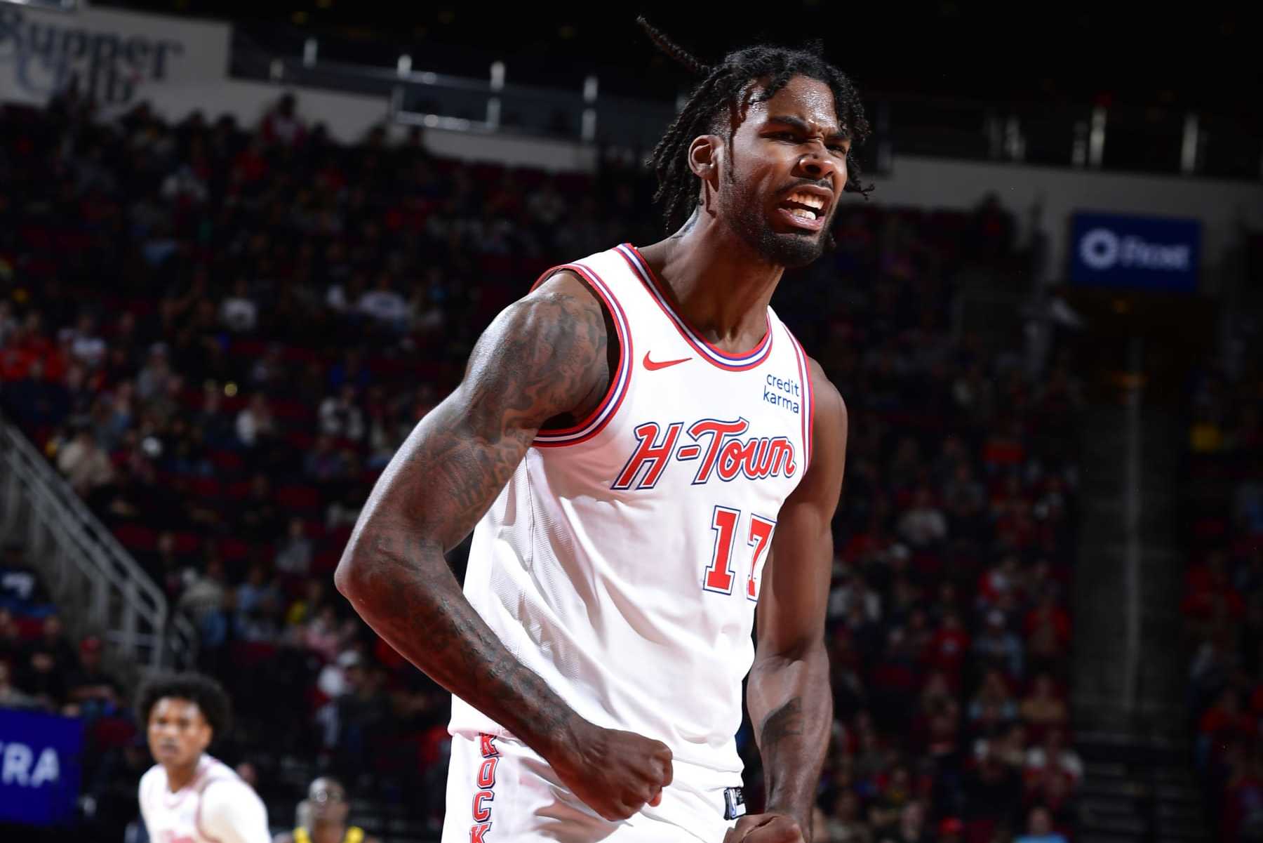 HOUSTON, TX - DECEMBER 26: Tari Eason #17 of the Houston Rockets celebrates during the game against the Indiana Pacers on December 26, 2023 at the Toyota Center in Houston, Texas. NOTE TO USER: User expressly acknowledges and agrees that, by downloading and or using this photograph, User is consenting to the terms and conditions of the Getty Images License Agreement. Mandatory Copyright Notice: Copyright 2023 NBAE (Photo by Logan Riely/NBAE via Getty Images)