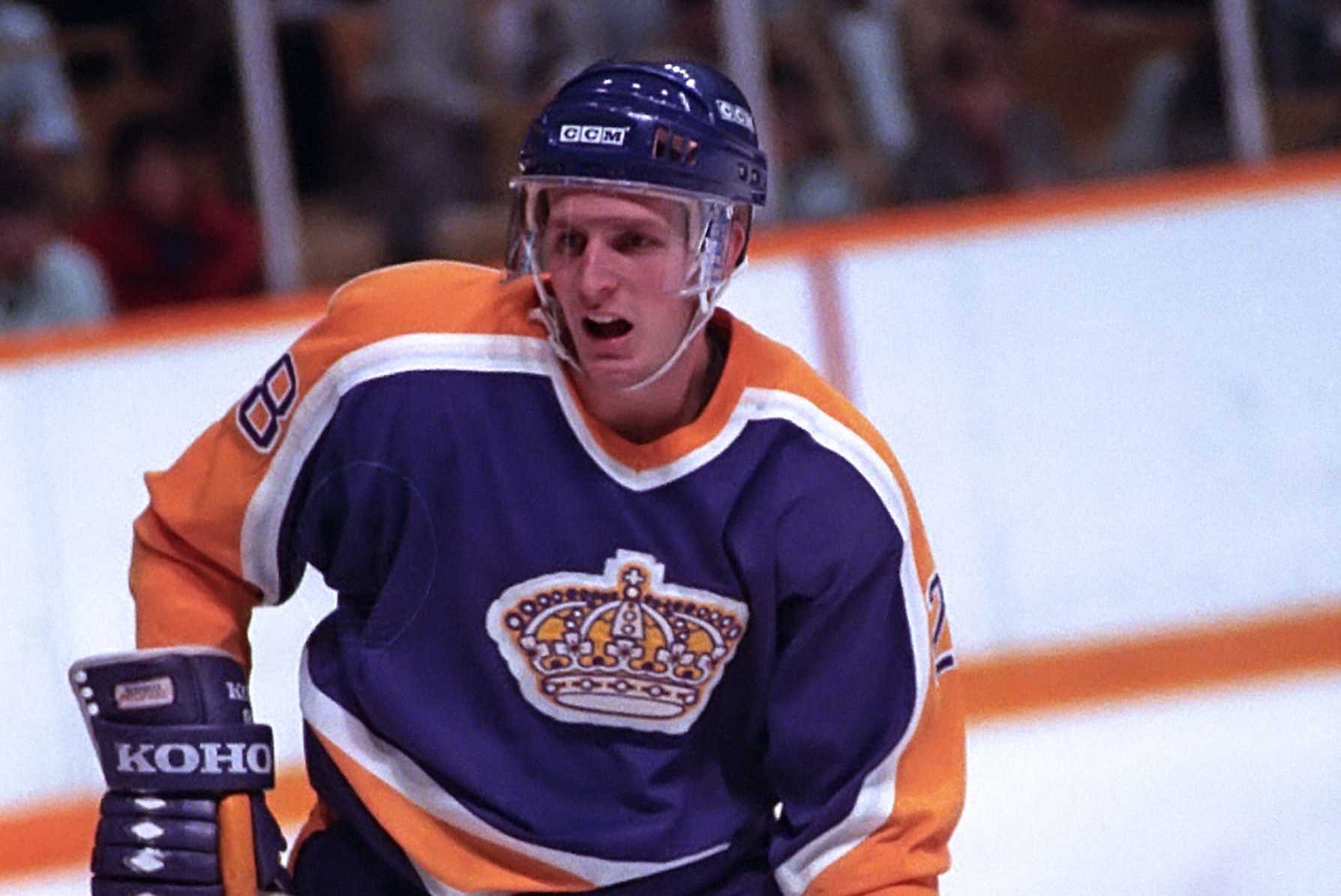TORONTO, ON - NOVEMBER 21: Steve Duchesne #28 of the Los Angeles Kings skates against the Toronto Maple Leafs during NHL game action on November 21, 1987 at Maple Leaf Gardens in Toronto, Ontario Canada. Toronto tied Los Angeles 6-6. (Photo by Graig Abel/Getty Images)