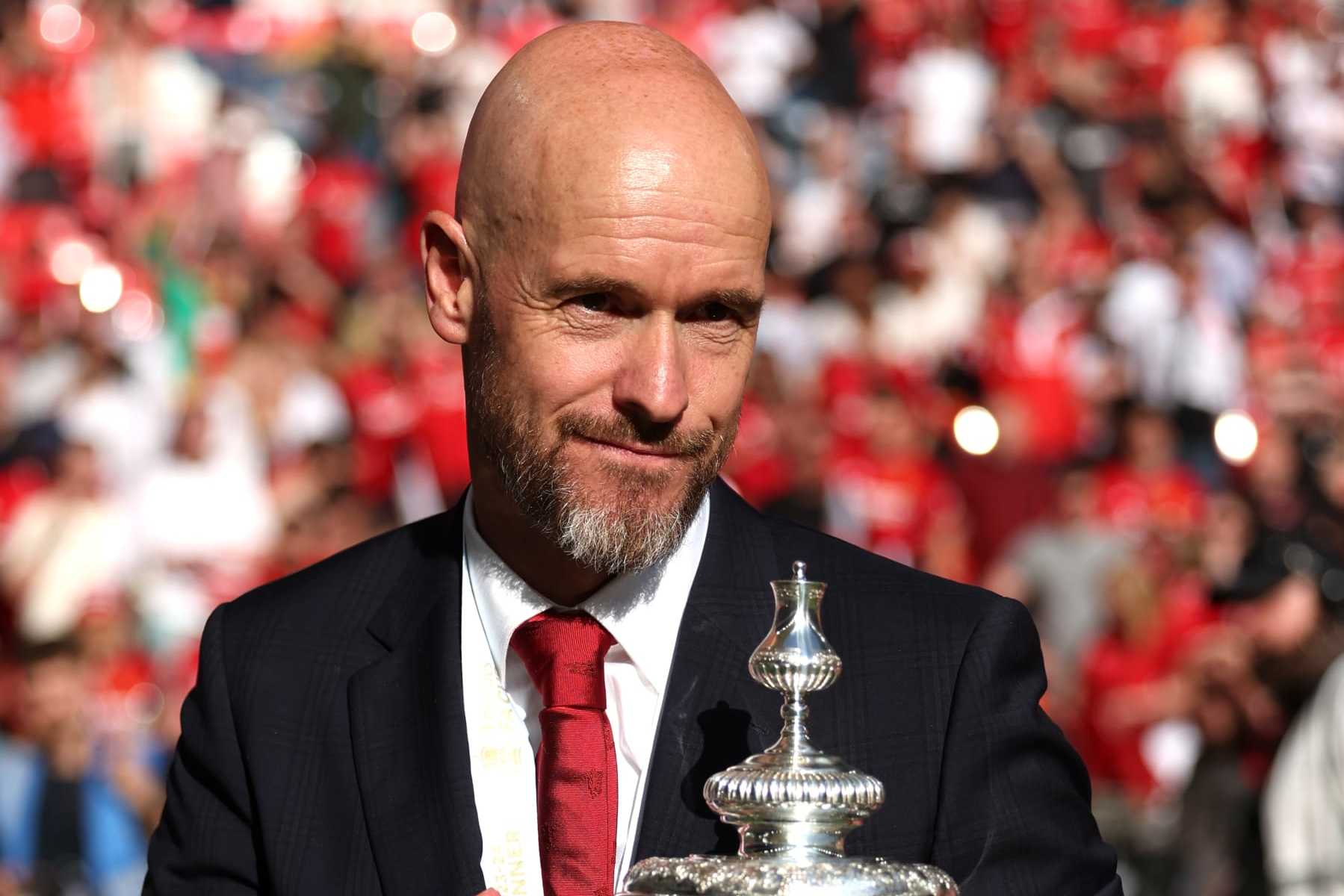 LONDON, ENGLAND - MAY 25: Erik ten Hag, Manager of Manchester United, poses for a photograph with the Emirates FA Cup Trophy after his team's victory in the Emirates FA Cup Final match between Manchester City and Manchester United at Wembley Stadium on May 25, 2024 in London, England. (Photo by Eddie Keogh - The FA/The FA via Getty Images)