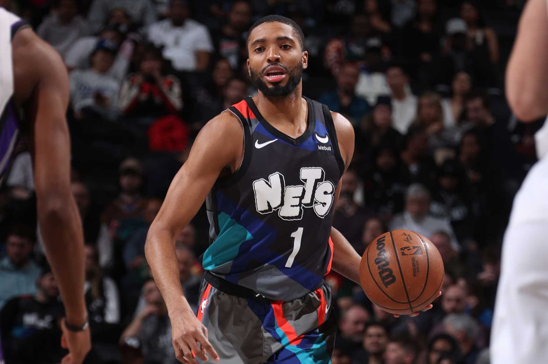 BROOKLYN, NY - APRIL 7: Mikal Bridges #1 of the Brooklyn Nets handles the ball during the game against the Sacramento Kings on April 7, 2024 at Barclays Center in Brooklyn, New York. NOTE TO USER: User expressly acknowledges and agrees that, by downloading and or using this Photograph, user is consenting to the terms and conditions of the Getty Images License Agreement. Mandatory Copyright Notice: Copyright 2024 NBAE (Photo by Nathaniel S. Butler/NBAE via Getty Images)