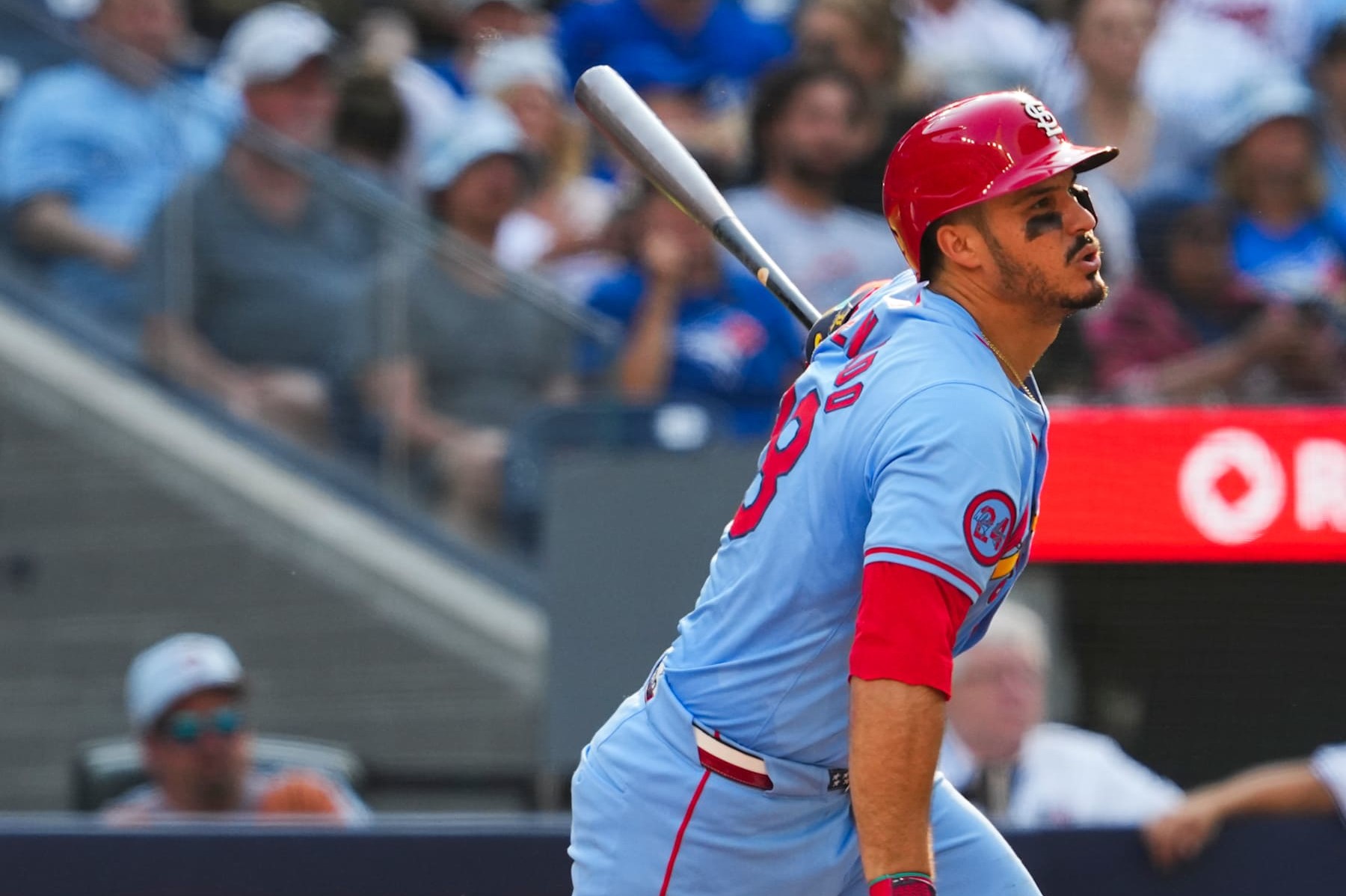TORONTO, ON - SEPTEMBER 14: Nolan Arenado #28 of the St. Louis Cardinals swings against the Toronto Blue Jays during the sixth inning in their MLB game at the Rogers Centre on September 14, 2024 in Toronto, Ontario, Canada. (Photo by Mark Blinch/Getty Images)
