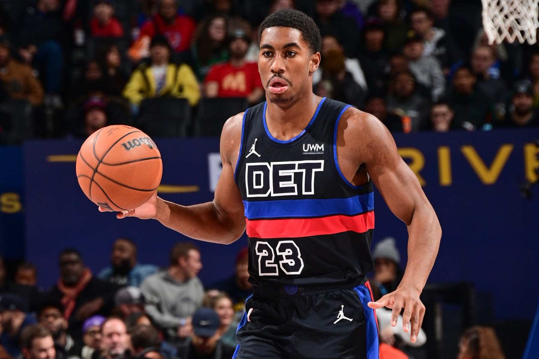 DETROIT, MI - NOVEMBER 20: Jaden Ivey #23 of the Detroit Pistons handles the ball during the game  on November 20, 2023 at Little Caesars Arena in Detroit, Michigan. NOTE TO USER: User expressly acknowledges and agrees that, by downloading and/or using this photograph, User is consenting to the terms and conditions of the Getty Images License Agreement. Mandatory Copyright Notice: Copyright 2023 NBAE (Photo by Chris Schwegler/NBAE via Getty Images)