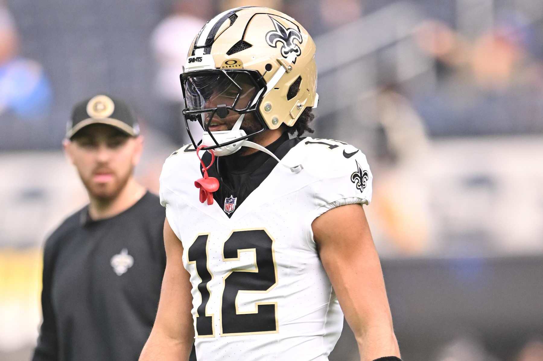 INGLEWOOD, CA - OCTOBER 27: New Orleans Saints wide receiver Chris Olave (12) during warm-ups before the game between the Saints and the Chargers on October 27, 2024, at SoFi Stadium in Inglewood, CA. (Photo by David Dennis/Icon Sportswire via Getty Images)