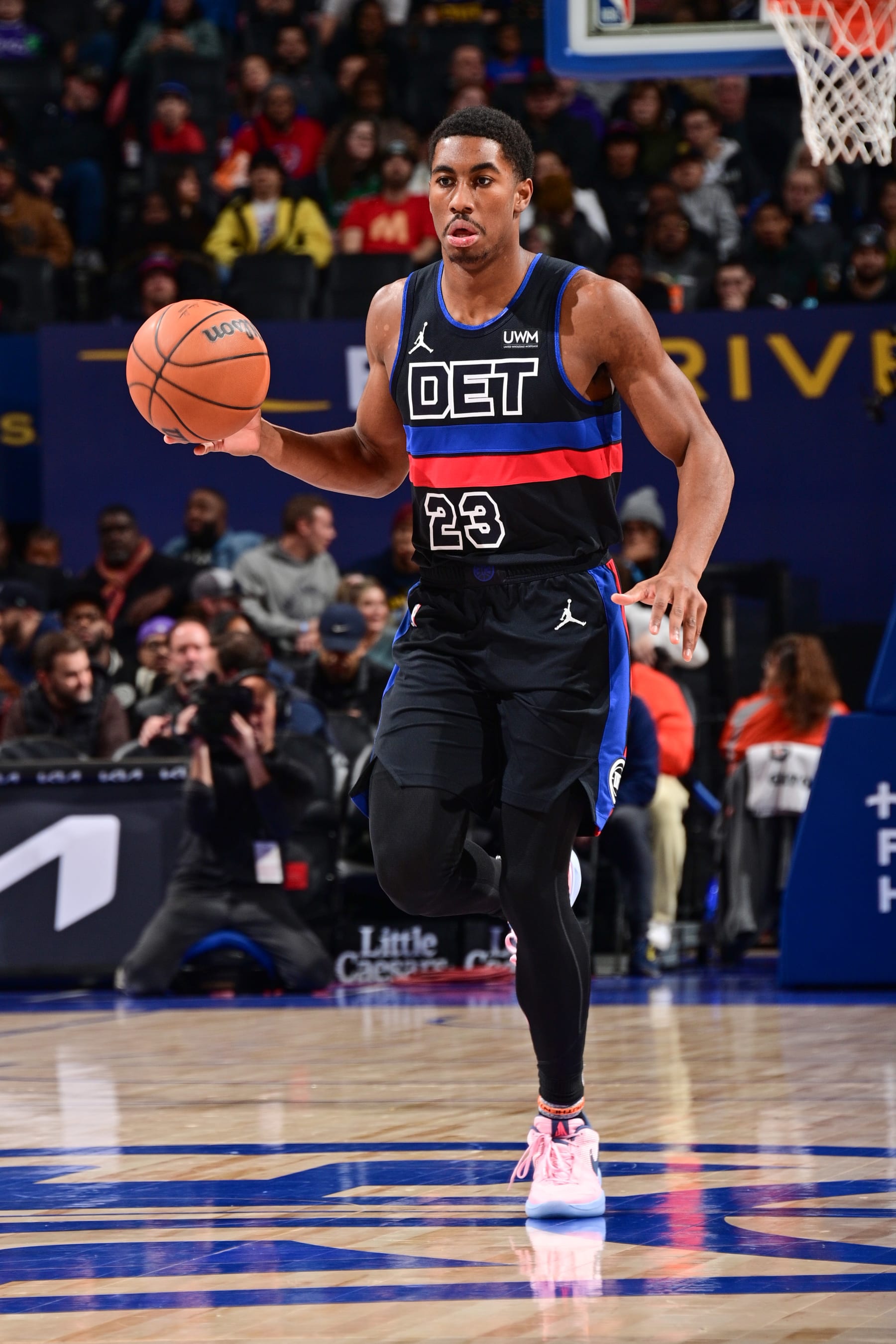 DETROIT, MI - NOVEMBER 20: Jaden Ivey #23 of the Detroit Pistons handles the ball during the game  on November 20, 2023 at Little Caesars Arena in Detroit, Michigan. NOTE TO USER: User expressly acknowledges and agrees that, by downloading and/or using this photograph, User is consenting to the terms and conditions of the Getty Images License Agreement. Mandatory Copyright Notice: Copyright 2023 NBAE (Photo by Chris Schwegler/NBAE via Getty Images)