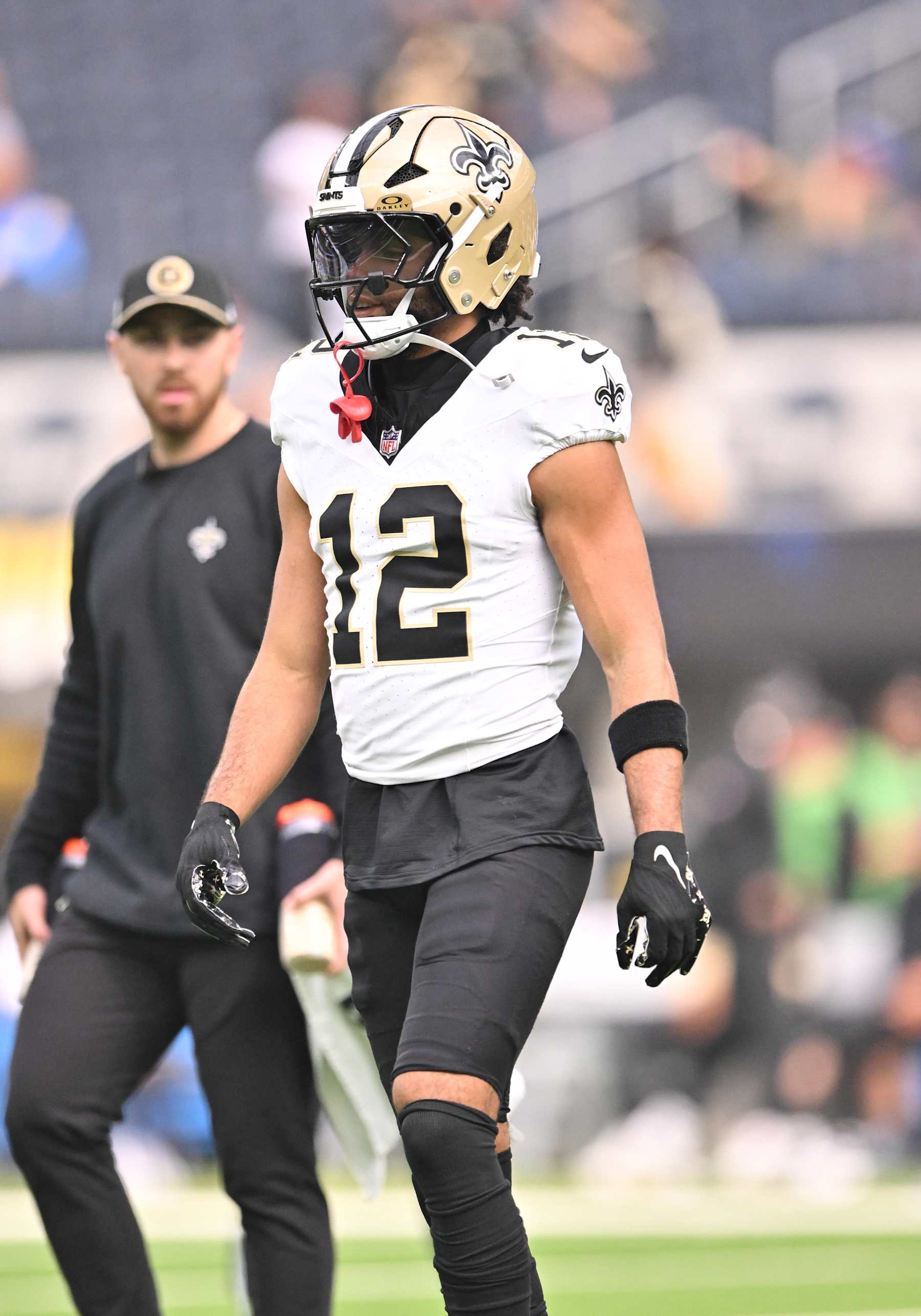INGLEWOOD, CA - OCTOBER 27: New Orleans Saints wide receiver Chris Olave (12) during warm-ups before the game between the Saints and the Chargers on October 27, 2024, at SoFi Stadium in Inglewood, CA. (Photo by David Dennis/Icon Sportswire via Getty Images)