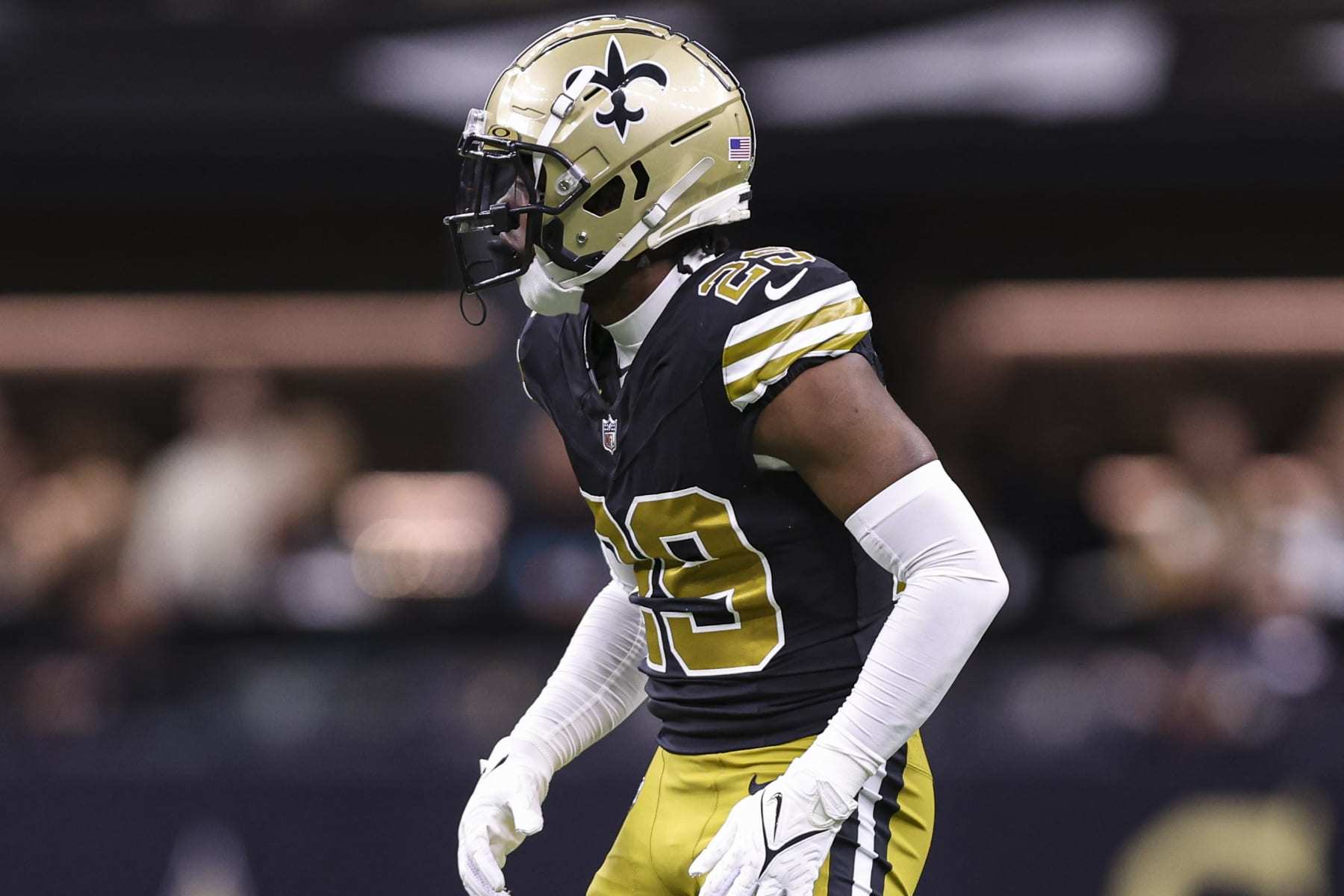 NEW ORLEANS, LA - DECEMBER 10: Marshon Lattimore #23 of the New Orleans Saints lines up during an NFL football game against the Carolina Panthers at Caesars Superdome on December 10, 2023 in New Orleans, LA. (Photo by Perry Knotts/Getty Images)