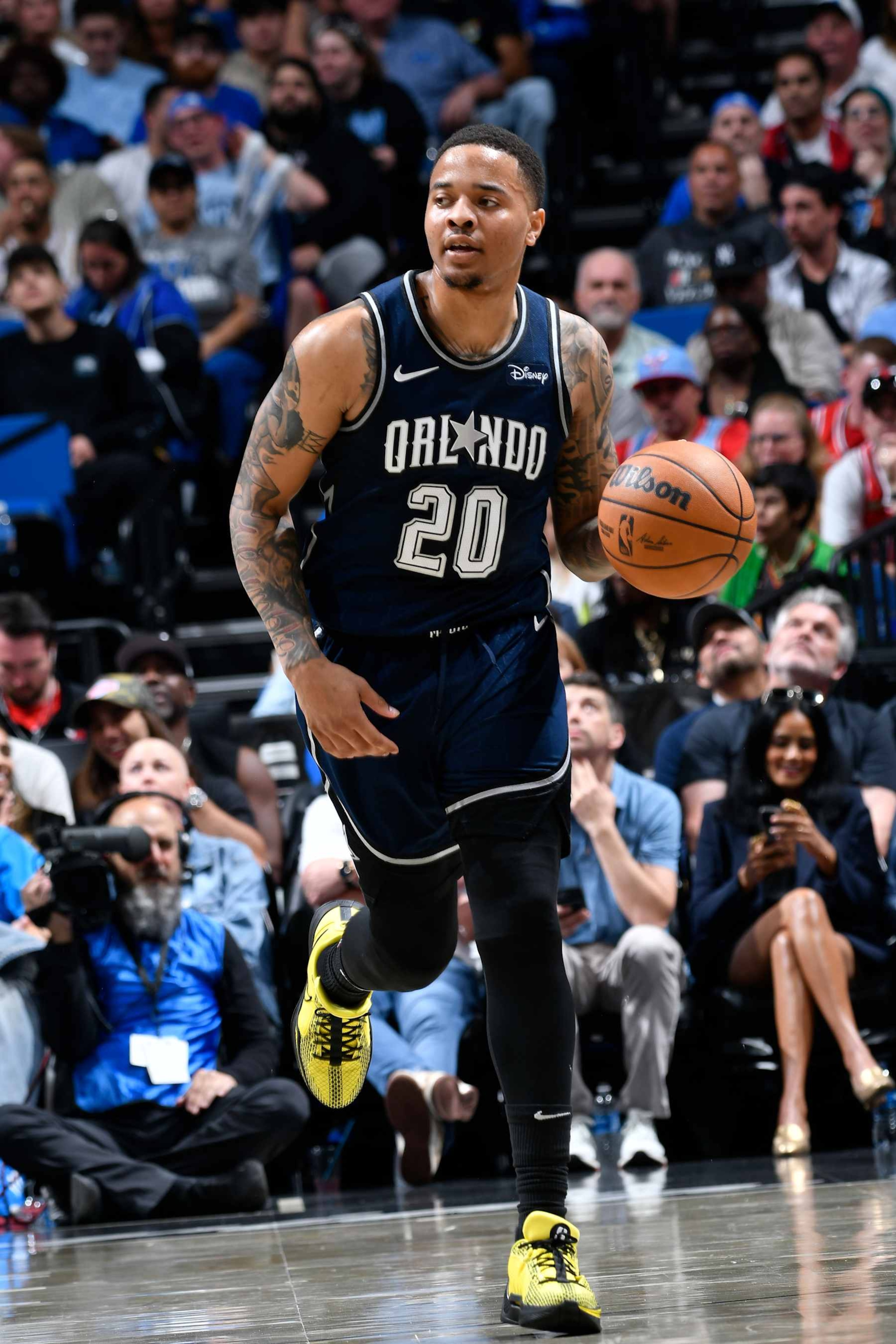 ORLANDO, FL - APRIL 7: Markelle Fultz #20 of the Orlando Magic dribbles the ball during the game against the Chicago Bulls on April 7, 2024 at the Kia Center in Orlando, Florida. NOTE TO USER: User expressly acknowledges and agrees that, by downloading and or using this photograph, User is consenting to the terms and conditions of the Getty Images License Agreement. Mandatory Copyright Notice: Copyright 2024 NBAE (Photo by Fernando Medina/NBAE via Getty Images)