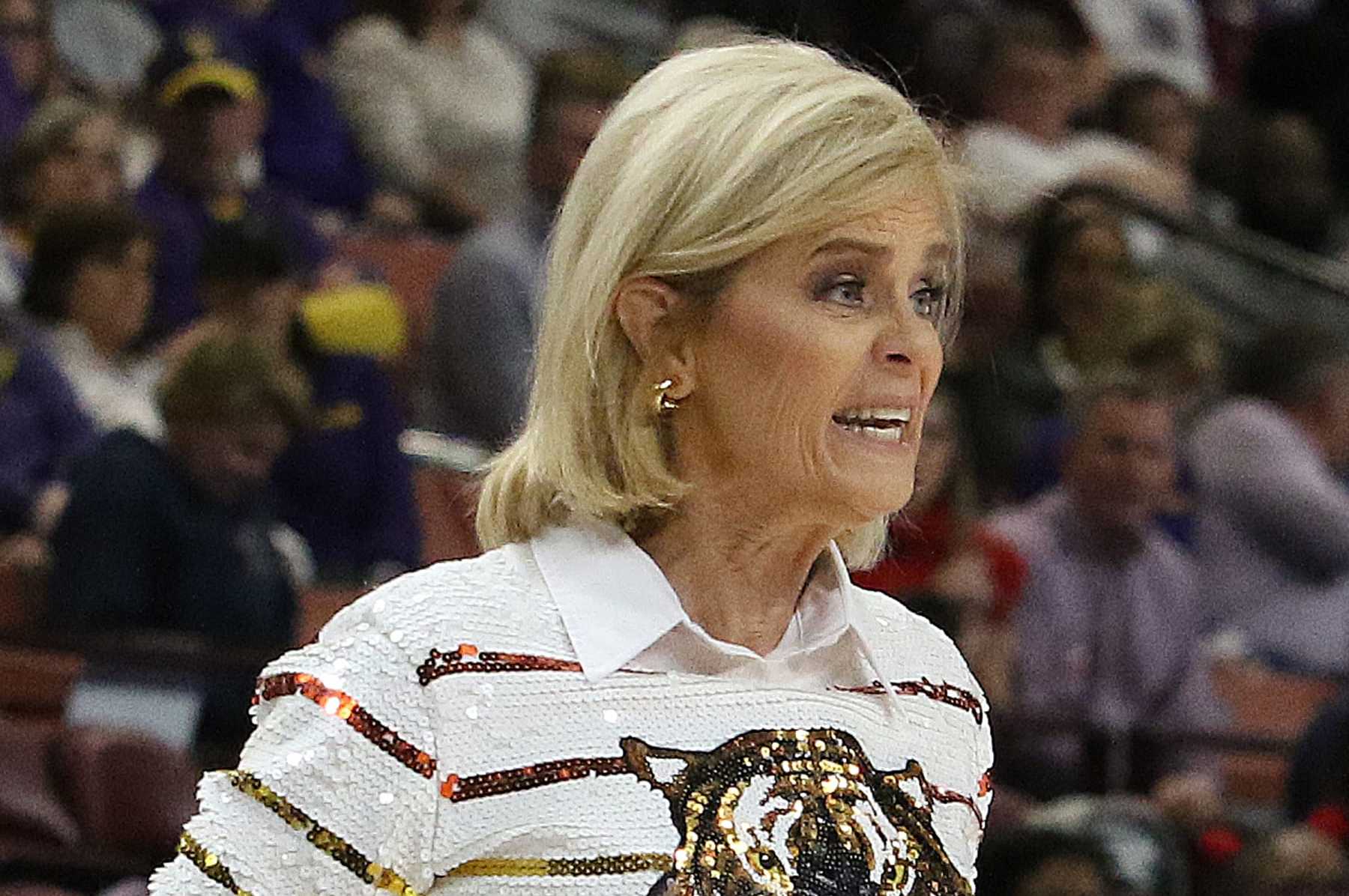 GREENVILLE, SC - MARCH 09: LSU Tigers head coach Kim Mulkey during the SEC Women's Basketball Tournament between the Old Miss. Rebels and the LSU Tigers March 9, 2024 at Bon Secours Wellness Arena in Greenville, S.C. (Photo by John Byrum/Icon Sportswire via Getty Images)