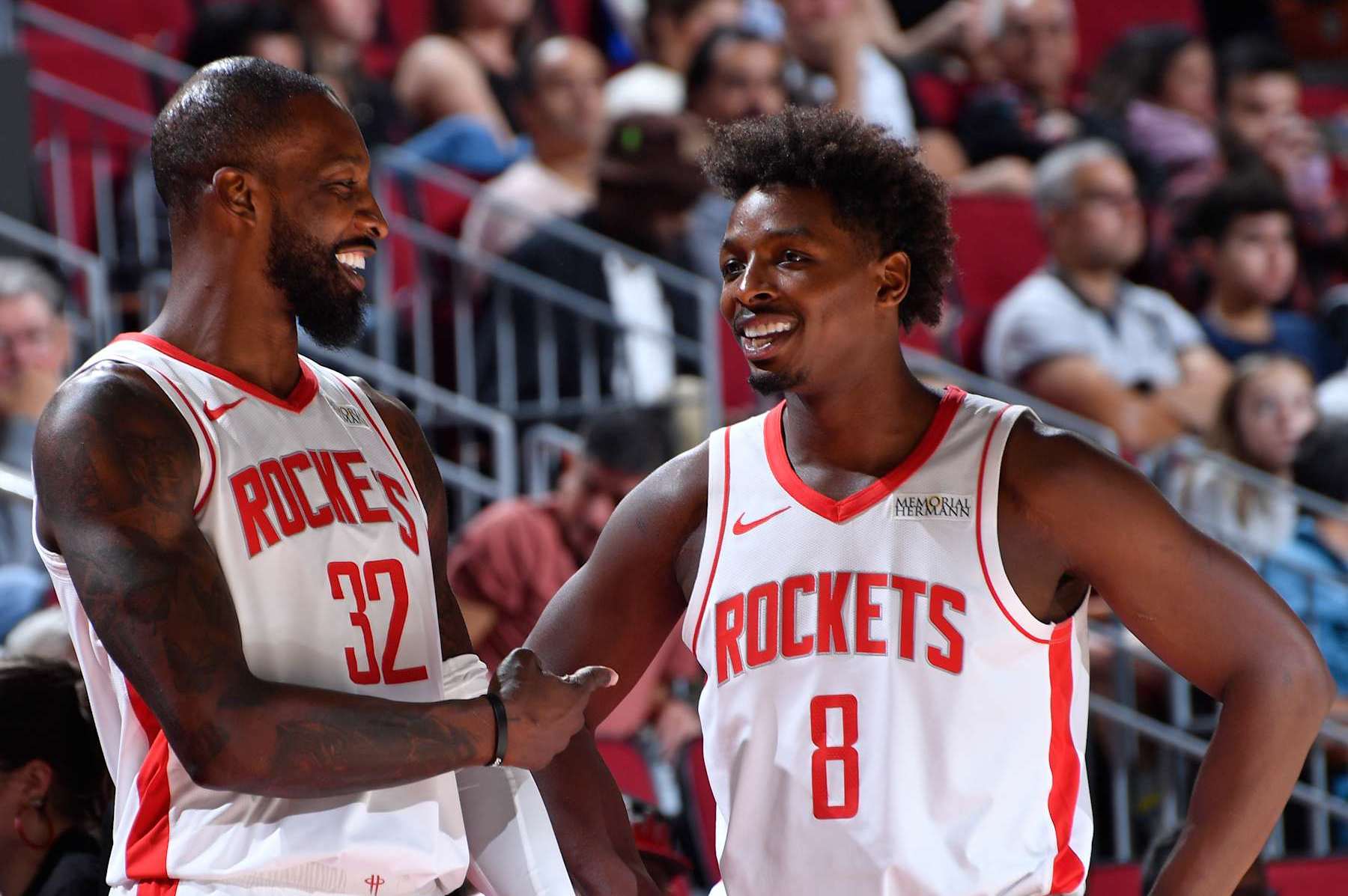 HOUSTON, TX - NOVEMBER 6: Jeff Green #32 and Jae'Sean Tate #8 of the Houston Rockets talk during the game against the San Antonio Spurs on November 6, 2024 at the Toyota Center in Houston, Texas. NOTE TO USER: User expressly acknowledges and agrees that, by downloading and or using this photograph, User is consenting to the terms and conditions of the Getty Images License Agreement. Mandatory Copyright Notice: Copyright 2024 NBAE (Photo by Logan Riely/NBAE via Getty Images)