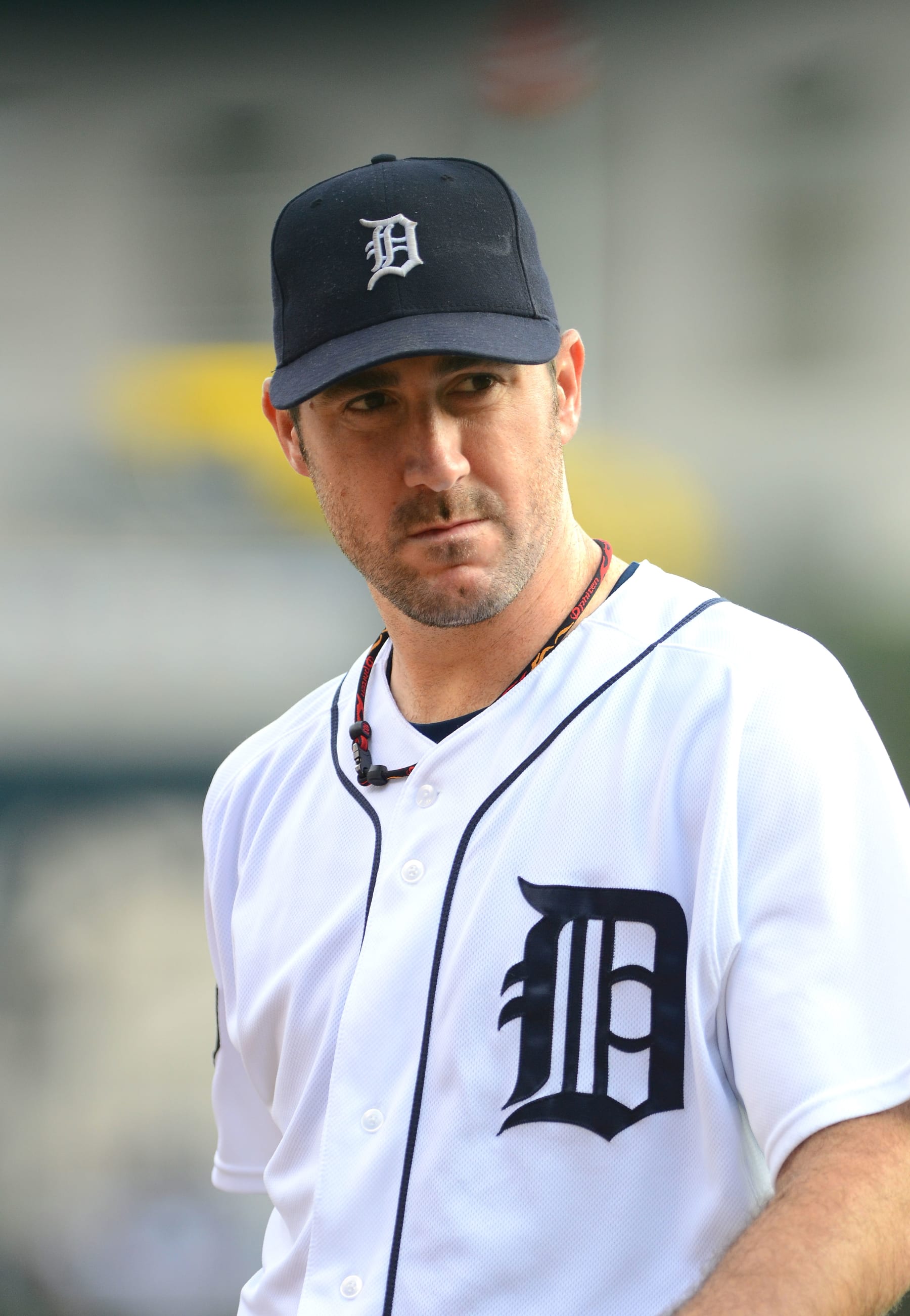 DETROIT, MI - OCTOBER 13:  Justin Verlander #35 of the Detroit Tigers looks on against the Texas Rangers during Game Five of the American League Championship Series at Comerica Park on October 13, 2011 in Detroit, Michigan. The Tigers defeated the Rangers 7-5.  (Photo by Mark Cunningham/MLB Photos via Getty Images)