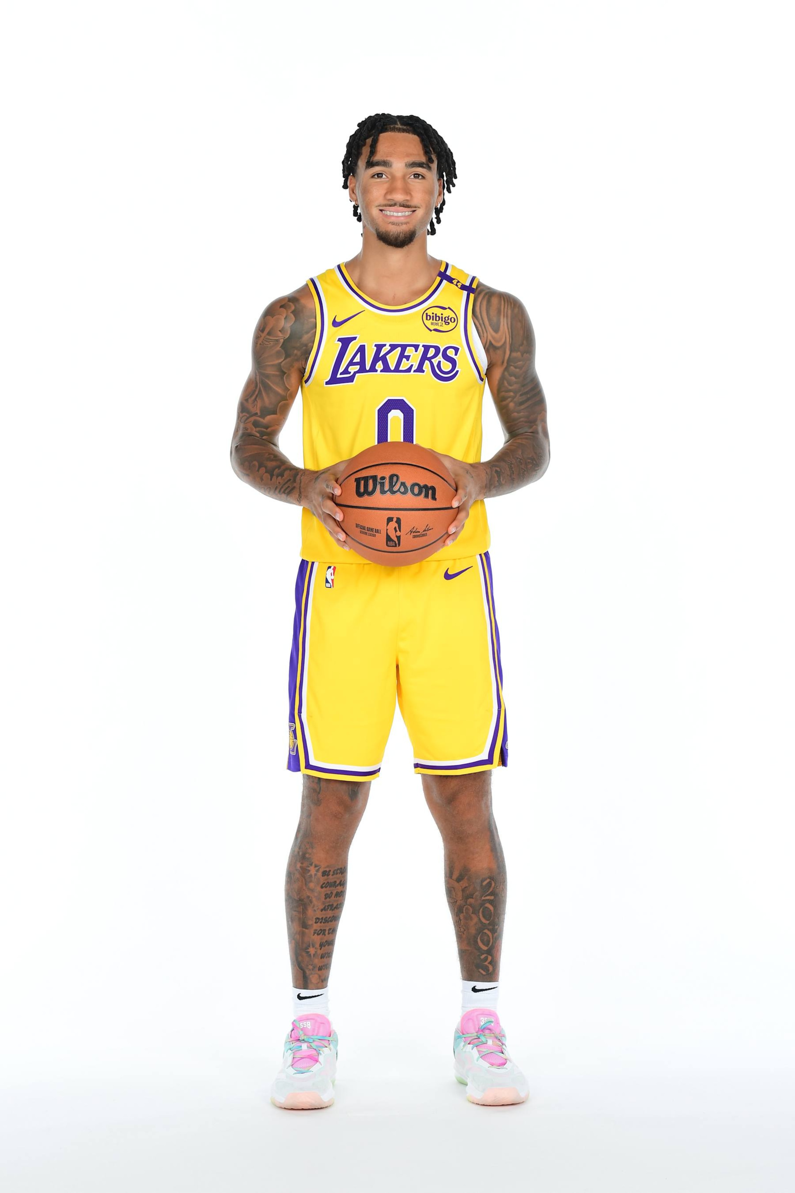 EL SEGUNDO, CA - SEPTEMBER 30: Jalen Hood-Schifino #0 of the Los Angeles Lakers poses for a portrait during NBA Media Day on September 30, 2024 at UCLA Health Training Center in El Segundo, California. NOTE TO USER: User expressly acknowledges and agrees that, by downloading and or using this photograph, User is consenting to the terms and conditions of the Getty Images License Agreement. Mandatory Copyright Notice: Copyright 2024 NBAE (Photo by Adam Pantozzi/NBAE via Getty Images)