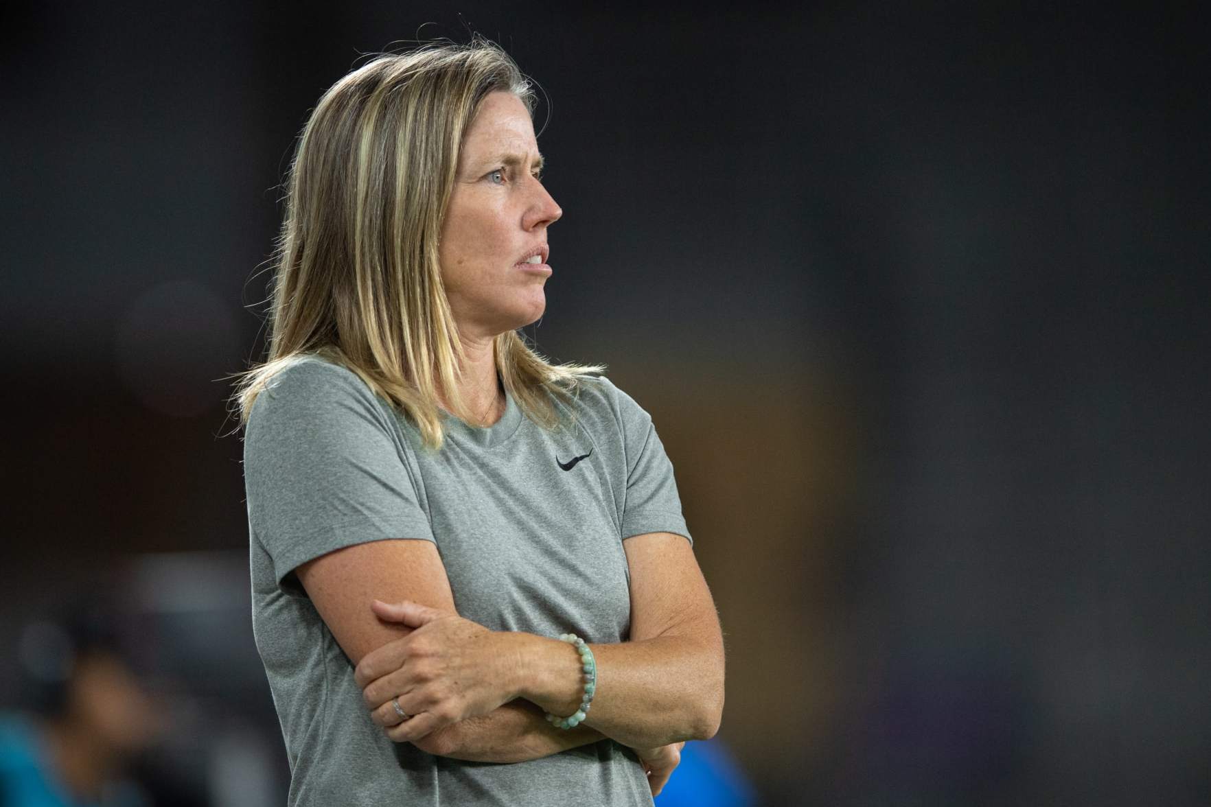 ORLANDO, FL - MARCH 19: Head Coach Amanda Cromwell of the Orlando Pride looks on during a game between Washington Spirit and Orlando Pride at Exploria Stadium on March 19, 2022 in Orlando, Florida. (Photo by Jeremy Reper/ISI Photos/Getty Images)