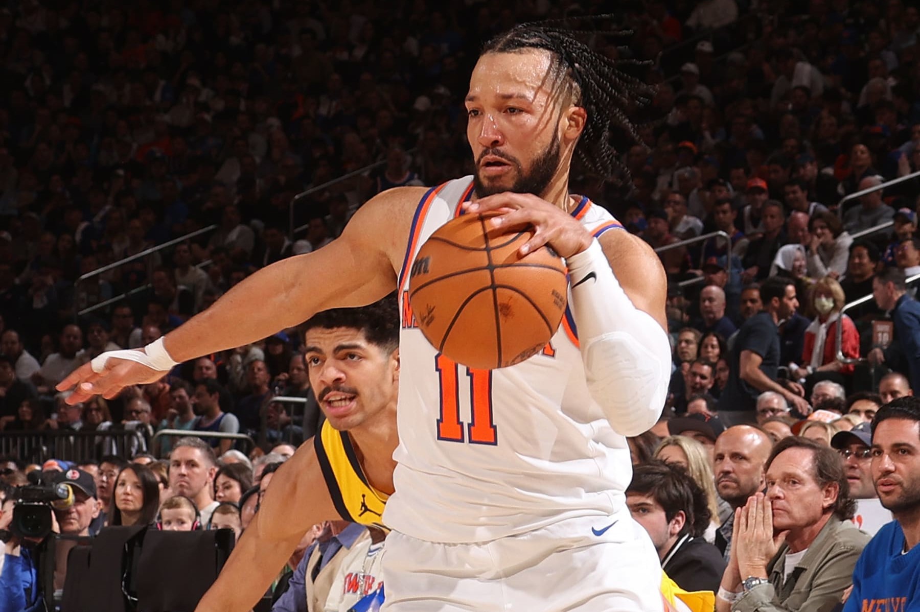 NEW YORK, NY - MAY 19: Jalen Brunson #11 of the New York Knicks handles the ball during the game against the Indiana Pacers during Round 2 Game 7 of the 2024 NBA Playoffs on May 19, 2024 at Madison Square Garden in New York City, New York.  NOTE TO USER: User expressly acknowledges and agrees that, by downloading and or using this photograph, User is consenting to the terms and conditions of the Getty Images License Agreement. Mandatory Copyright Notice: Copyright 2024 NBAE  (Photo by Nathaniel S. Butler/NBAE via Getty Images)