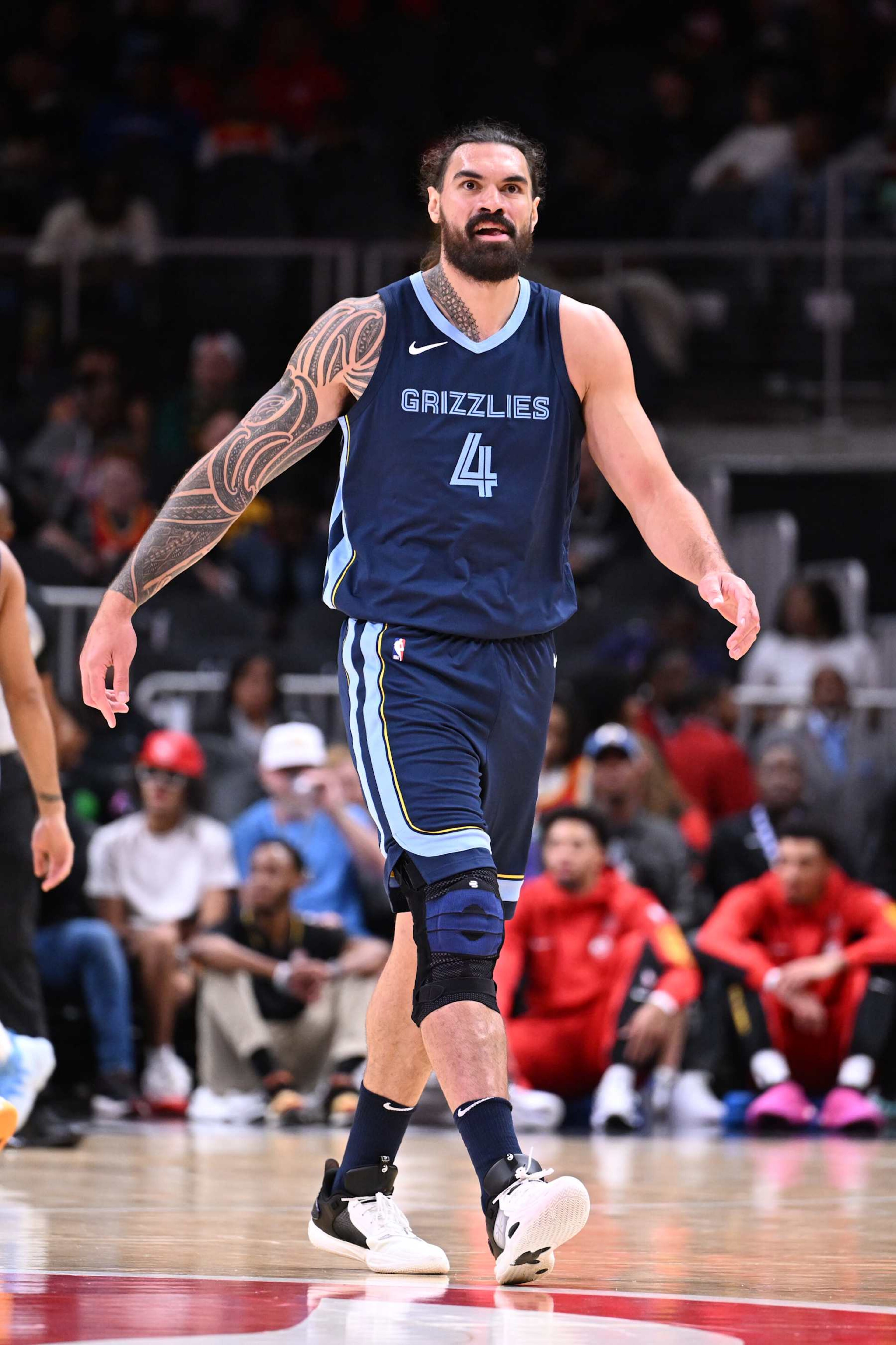 ATLANTA, GA - OCTOBER 12: Steven Adams #4 of the Memphis Grizzlies looks on during the game against the Atlanta Hawks on October 12, 2023 at State Farm Arena in Atlanta, Georgia.  NOTE TO USER: User expressly acknowledges and agrees that, by downloading and/or using this Photograph, user is consenting to the terms and conditions of the Getty Images License Agreement. Mandatory Copyright Notice: Copyright 2023 NBAE (Photo by Adam Hagy/NBAE via Getty Images)