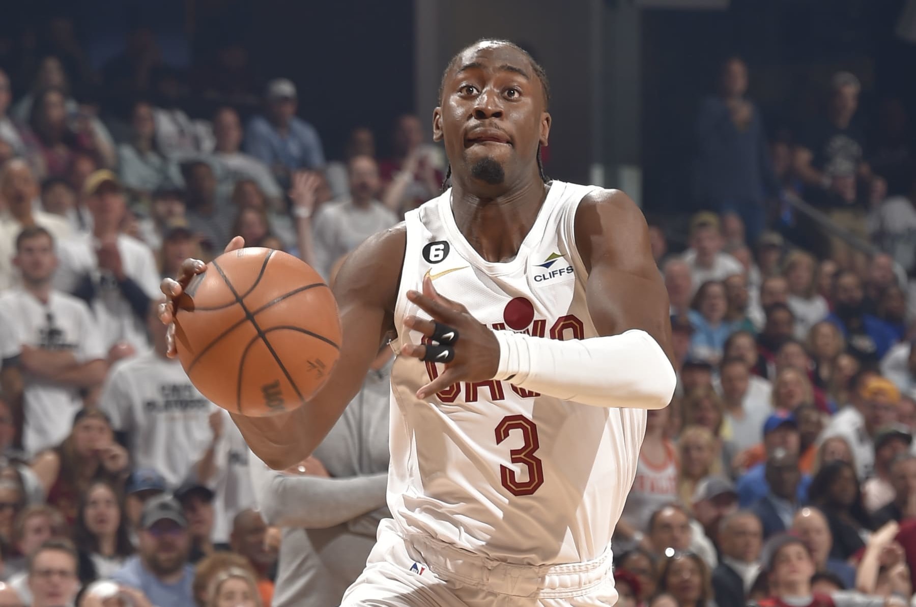CLEVELAND, OH - APRIL 15: Caris LeVert #3 of the Cleveland Cavaliers drives to the basket during the game against the New York Knicks during the 2023 Round One Game One NBA Playoffs on April 15, 2023 at Rocket Mortgage FieldHouse in Cleveland, Ohio. NOTE TO USER: User expressly acknowledges and agrees that, by downloading and/or using this Photograph, user is consenting to the terms and conditions of the Getty Images License Agreement. Mandatory Copyright Notice: Copyright 2023 NBAE (Photo by David Liam Kyle/NBAE via Getty Images) CLEVELAND, OH - APRIL 15: Caris LeVert #3 of the Cleveland Cavaliers drives to the basket during the game against the New York Knicks during the 2023 Round One Game One NBA Playoffs on April 15, 2023 at Rocket Mortgage FieldHouse in Cleveland, Ohio. NOTE TO USER: User expressly acknowledges and agrees that, by downloading and/or using this Photograph, user is consenting to the terms and conditions of the Getty Images License Agreement. Mandatory Copyright Notice: Copyright 2023 NBAE (Photo by David Liam Kyle/NBAE via Getty Images)