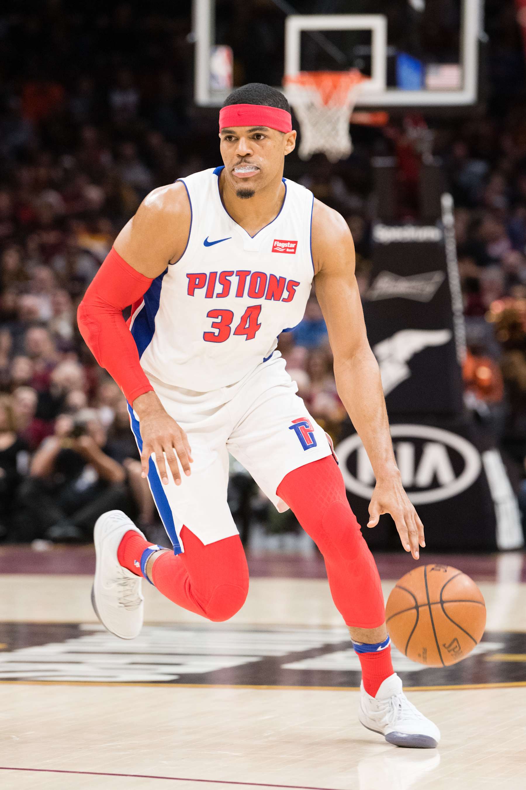 CLEVELAND, OH - JANUARY 28: Tobias Harris #34 of the Detroit Pistons drives to the lane during the first half against the Cleveland Cavaliers at Quicken Loans Arena on January 28, 2018 in Cleveland, Ohio. NOTE TO USER: User expressly acknowledges and agrees that, by downloading and or using this photograph, User is consenting to the terms and conditions of the Getty Images License Agreement. (Photo by Jason Miller/Getty Images)