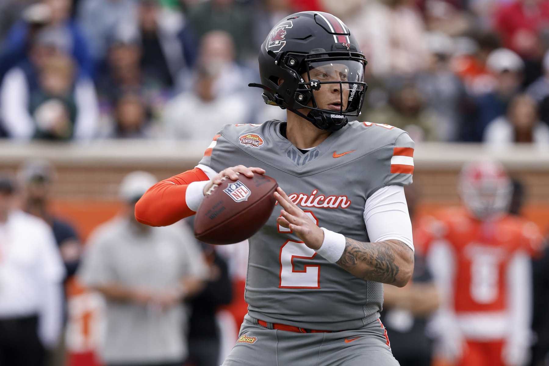 MOBILE, AL - FEBRUARY 03: Quarterback Spencer Rattler #2 of South Carolina from the American Team on a passing play during the 2024 Reese's Senior Bowl at Hancock Whitney Stadium on the campus of the University of South Alabama on February 3, 2024 in Mobile, Alabama. The National Team defeated the American Team 16 to 7. (Photo by Don Juan Moore/Getty Images)
