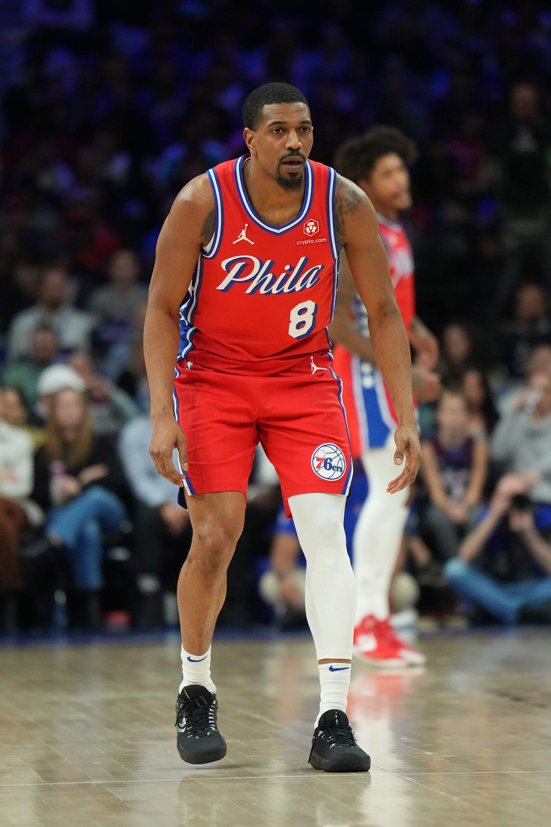 PHILADELPHIA, PA - FEBRUARY 23: De'Anthony Melton #8 of the Philadelphia 76ers looks on during the game against the Cleveland Cavaliers on February 23, 2024 at the Wells Fargo Center in Philadelphia, Pennsylvania NOTE TO USER: User expressly acknowledges and agrees that, by downloading and/or using this Photograph, user is consenting to the terms and conditions of the Getty Images License Agreement. Mandatory Copyright Notice: Copyright 2024 NBAE (Photo by Jesse D. Garrabrant/NBAE via Getty Images)