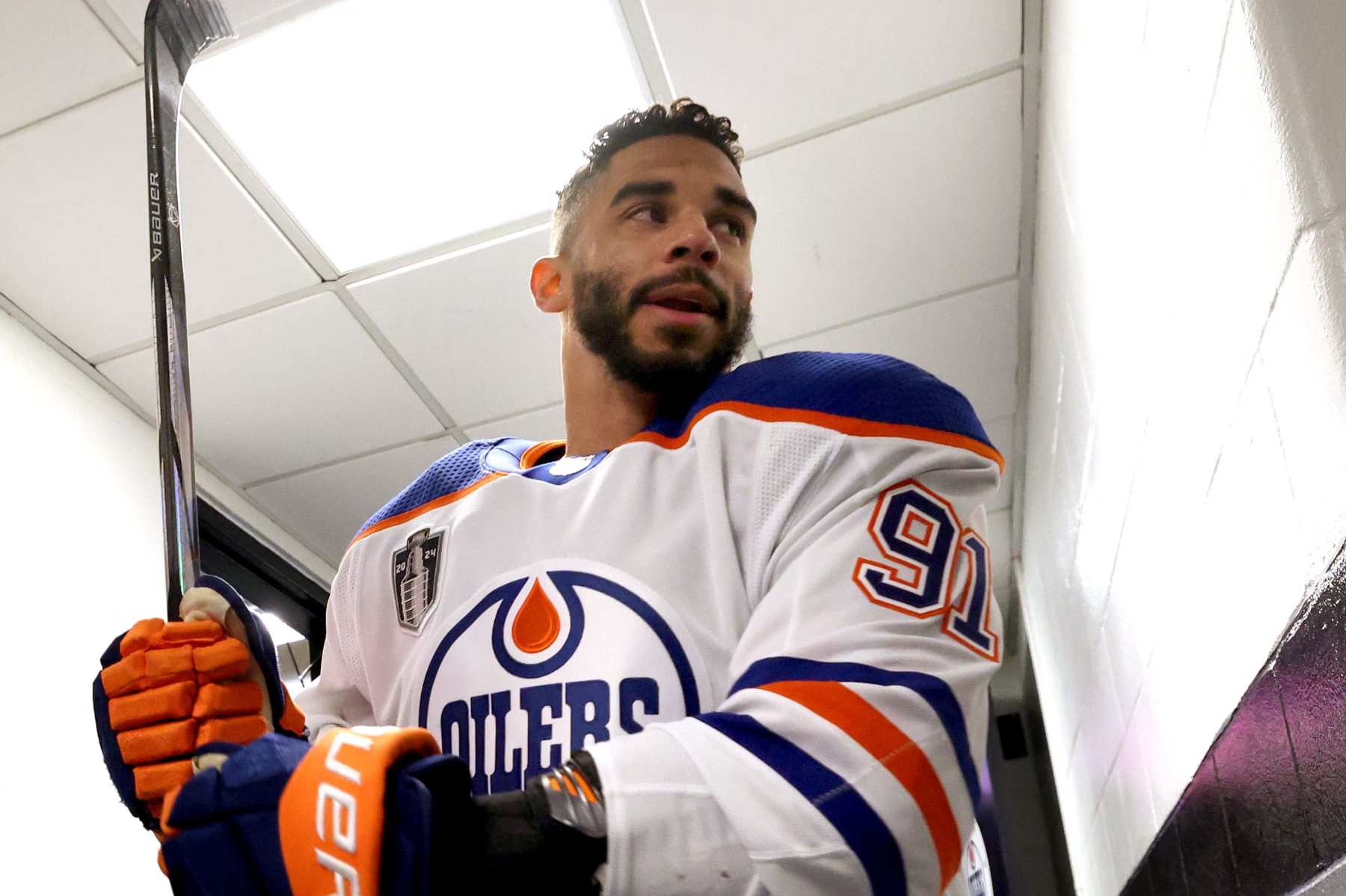 SUNRISE, FLORIDA - JUNE 10: Evander Kane #91 of the Edmonton Oilers walks down the hallway after warming up before Game Two of the 2024 Stanley Cup Final between the Edmonton Oilers and the Florida Panthers at Amerant Bank Arena on June 10, 2024 in Sunrise, Florida. (Photo by Dave Sandford/NHLI via Getty Images)