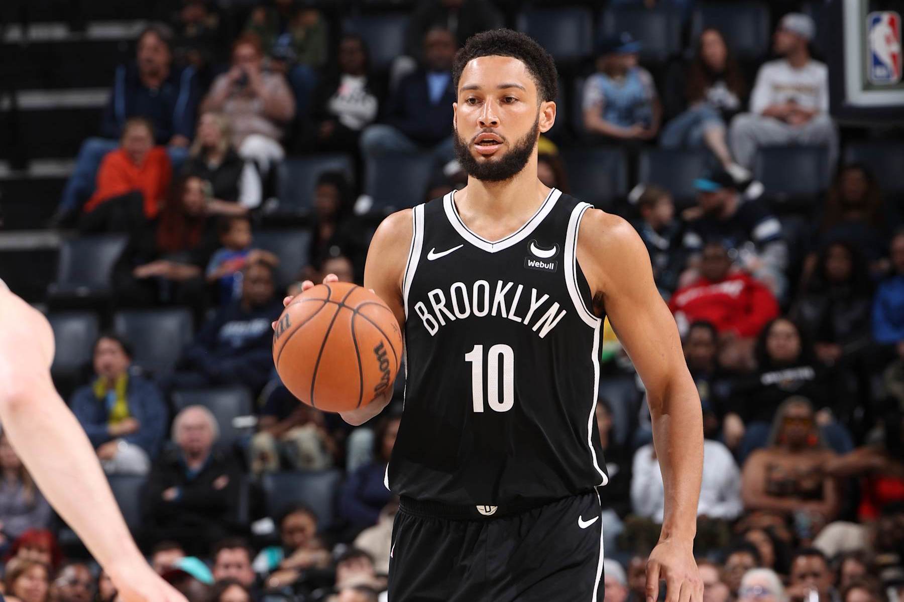 MEMPHIS, TN - February 26:  Ben Simmons #10 of the Brooklyn Nets handles the ball during the game against the Memphis Grizzlies on February 26, 2024 at FedExForum in Memphis, Tennessee. NOTE TO USER: User expressly acknowledges and agrees that, by downloading and or using this photograph, User is consenting to the terms and conditions of the Getty Images License Agreement. Mandatory Copyright Notice: Copyright 2024 NBAE (Photo by Joe Murphy/NBAE via Getty Images)