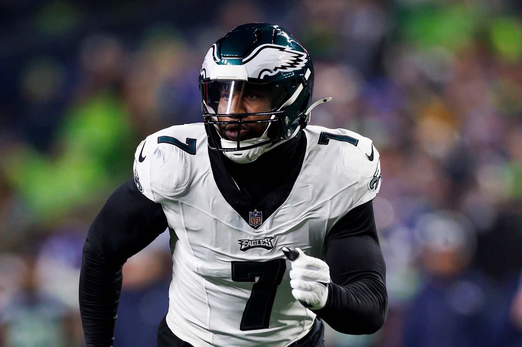 SEATTLE, WASHINGTON - DECEMBER 18: Haason Reddick #7 of the Philadelphia Eagles runs around the edge against the Seattle Seahawks at Lumen Field on December 18, 2023 in Seattle, Washington. (Photo by Ryan Kang/Getty Images)