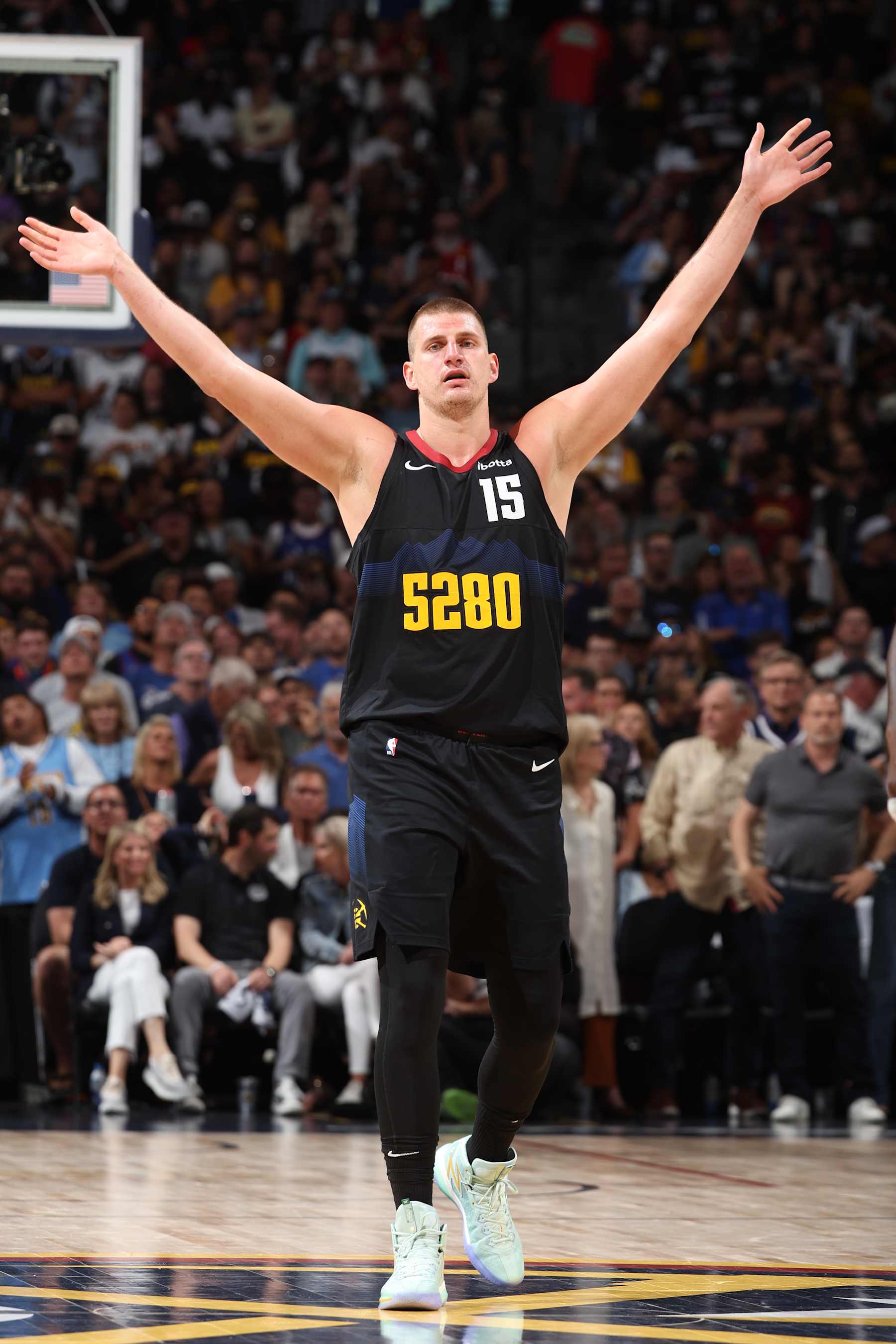 DENVER, CO - MAY 19: Nikola Jokic #15 of the Denver Nuggets looks on during the game against the Minnesota Timberwolves during Round 2 Game 7 of the 2024 NBA Playoffs on May 19, 2024 at the Ball Arena in Denver, Colorado. NOTE TO USER: User expressly acknowledges and agrees that, by downloading and/or using this Photograph, user is consenting to the terms and conditions of the Getty Images License Agreement. Mandatory Copyright Notice: Copyright 2023 NBAE (Photo by David Sherman/NBAE via Getty Images)