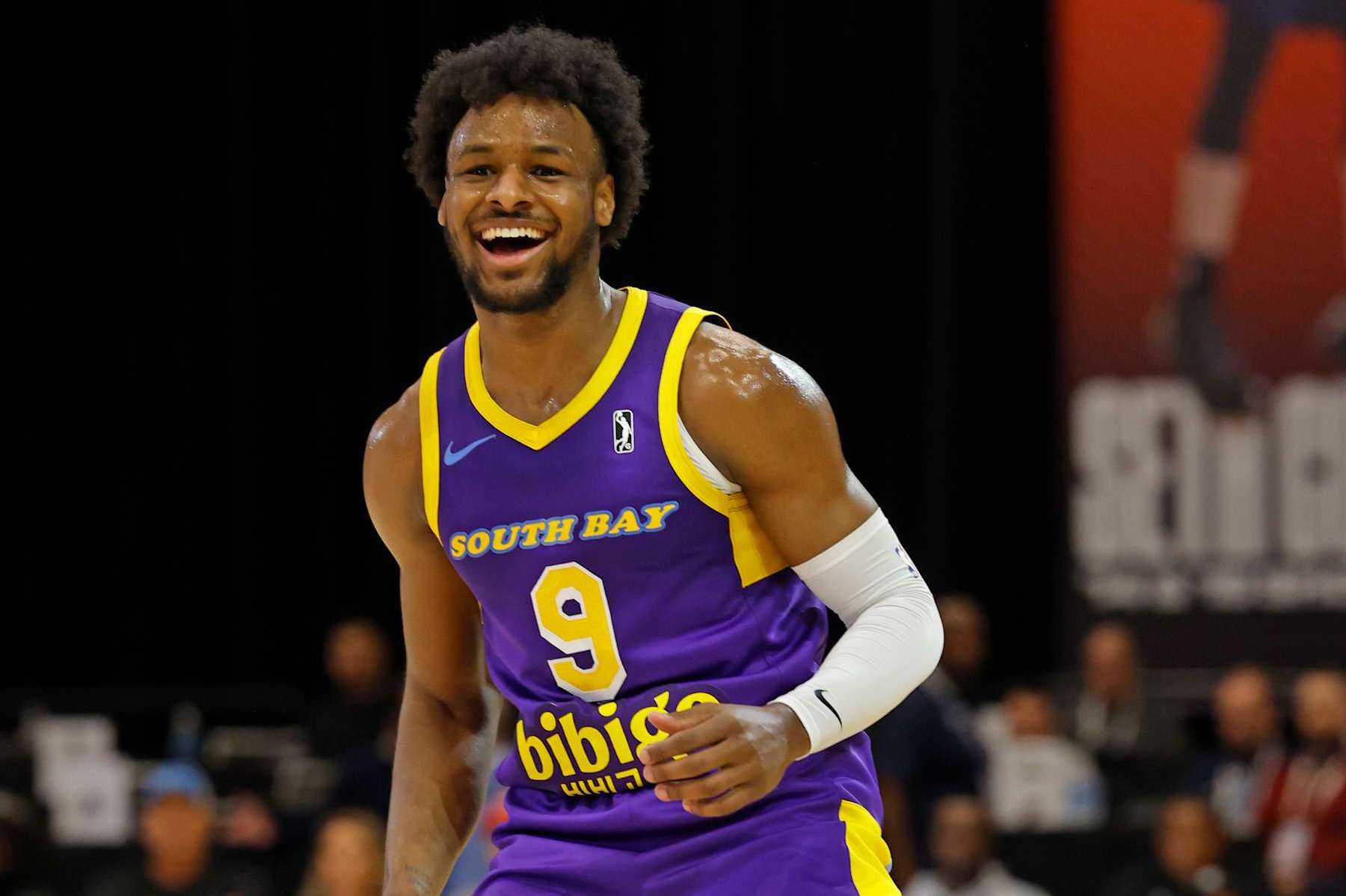 ORLANDO, FL - DECEMBER 19: Bronny James #9 of the South Bay Lakers smiles against the Greensboro Swarm during an NBA G-League winter showcase game on December 19, 2024 at Orange County Convention Center in Orlando, Florida. NOTE TO USER: User expressly acknowledges and agrees that, by downloading and or using this photograph, User is consenting to the terms and conditions of the Getty Images License Agreement. Mandatory Copyright Notice: Copyright 2024 NBAE (Photo by Scott Audette/NBAE via Getty Images)
