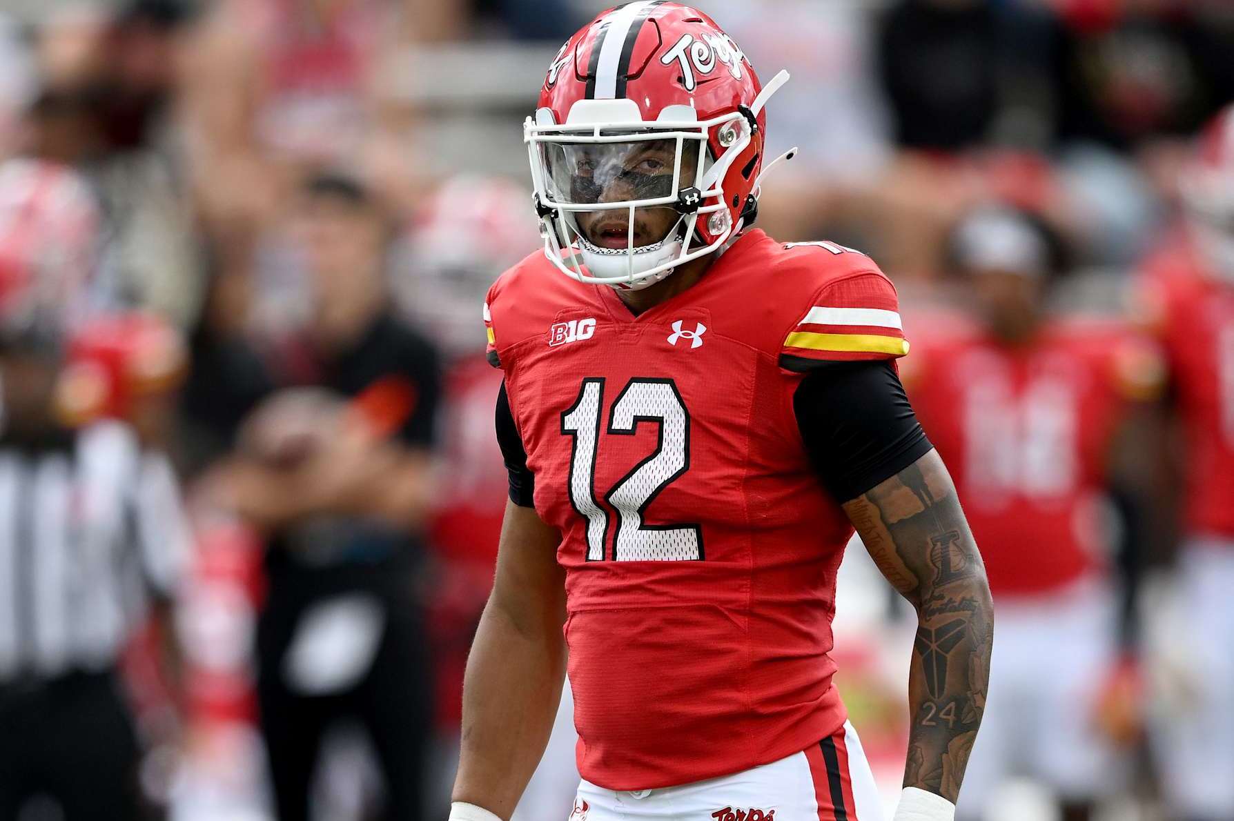 COLLEGE PARK, MARYLAND - SEPTEMBER 30: Dante Trader Jr. #12 of the Maryland Terrapins defends against the Indiana Hoosiers at SECU Stadium on September 30, 2023 in College Park, Maryland. (Photo by G Fiume/Getty Images)
