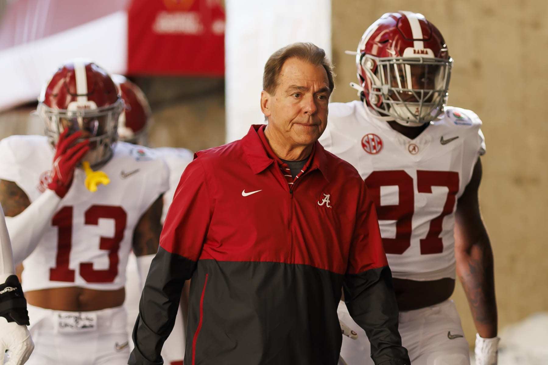 PASADENA, CALIFORNIA - JANUARY 01: Head coach Nick Saban of the Alabama Crimson Tide walks to the field before the CFP Semifinal Rose Bowl Game against the Michigan Wolverines at Rose Bowl Stadium on January 1, 2024 in Pasadena, California. (Photo by Ryan Kang/Getty Images)