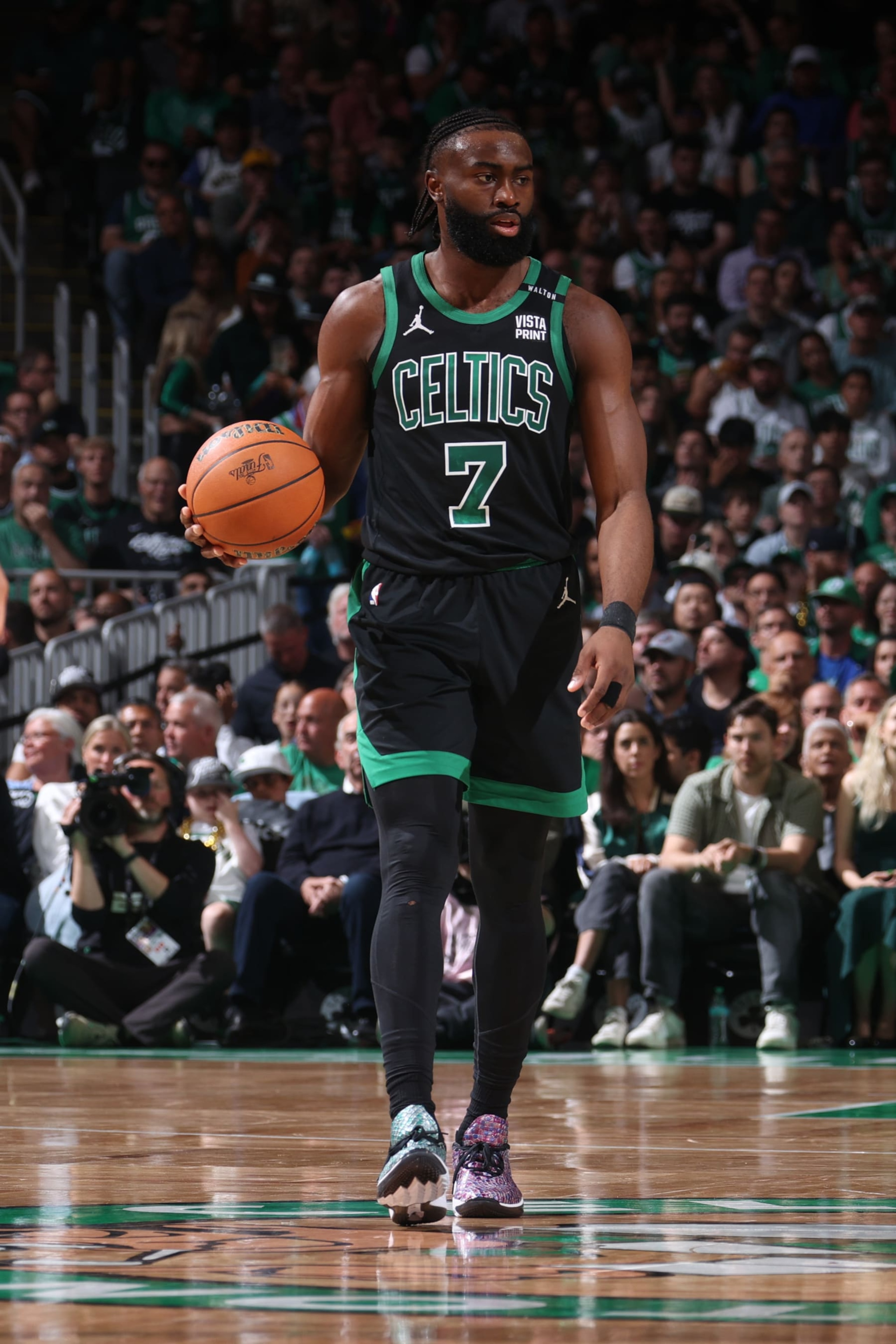 BOSTON, MA - JUNE 9: Jaylen Brown #7 of the Boston Celtics dribbles the ball during the game against the Dallas Mavericks during Game 1 of the 2024 NBA Finals on June 9, 2024 at the TD Garden in Boston, Massachusetts. NOTE TO USER: User expressly acknowledges and agrees that, by downloading and or using this photograph, User is consenting to the terms and conditions of the Getty Images License Agreement. Mandatory Copyright Notice: Copyright 2024 NBAE  (Photo by Nathaniel S. Butler/NBAE via Getty Images)