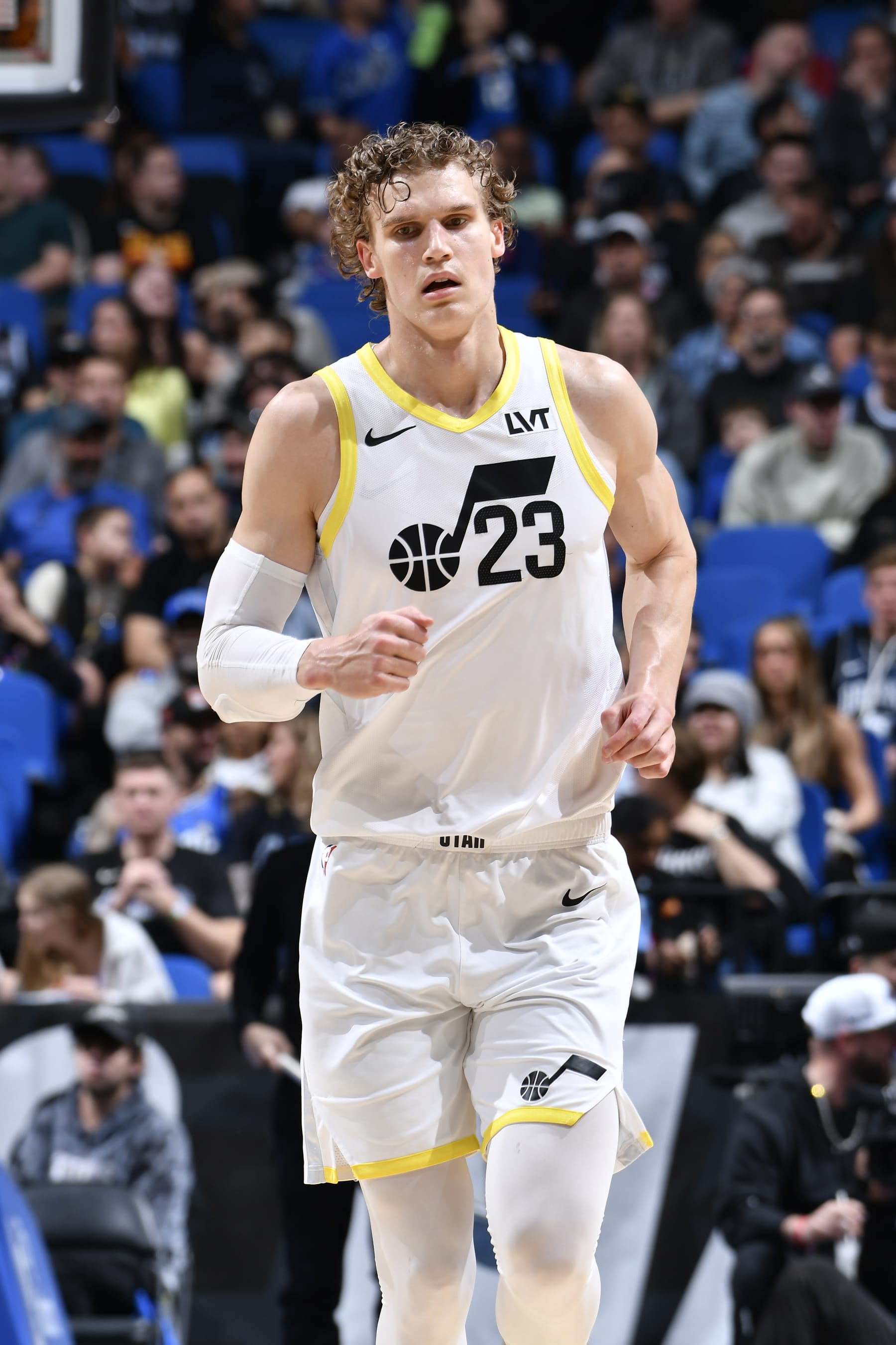 ORLANDO, FL - FEBRUARY 29: Lauri Markkanen #23 of the Utah Jazz looks on during the game against the Orlando Magic on February 29, 2024 at Amway Center in Orlando, Florida. NOTE TO USER: User expressly acknowledges and agrees that, by downloading and or using this photograph, User is consenting to the terms and conditions of the Getty Images License Agreement. Mandatory Copyright Notice: Copyright 2024 NBAE (Photo by Fernando Medina/NBAE via Getty Images)