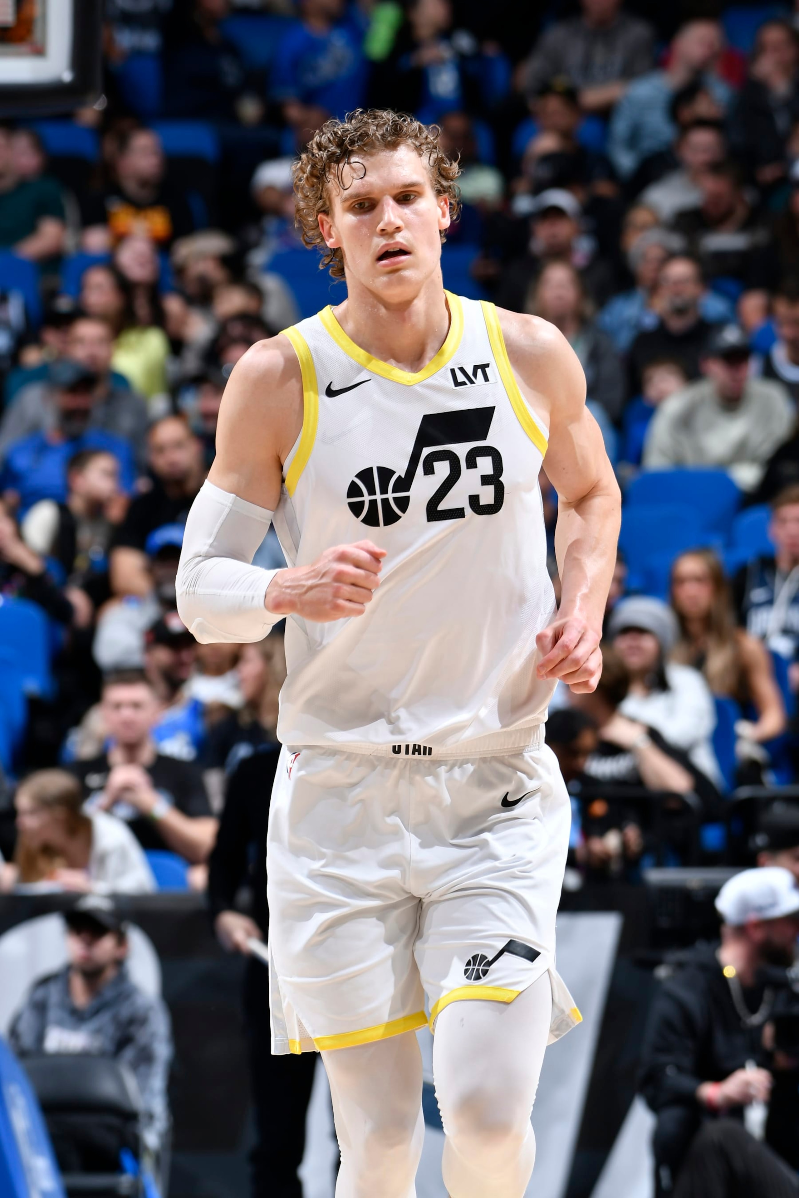 ORLANDO, FL - FEBRUARY 29: Lauri Markkanen #23 of the Utah Jazz looks on during the game against the Orlando Magic on February 29, 2024 at Amway Center in Orlando, Florida. NOTE TO USER: User expressly acknowledges and agrees that, by downloading and or using this photograph, User is consenting to the terms and conditions of the Getty Images License Agreement. Mandatory Copyright Notice: Copyright 2024 NBAE (Photo by Fernando Medina/NBAE via Getty Images)
