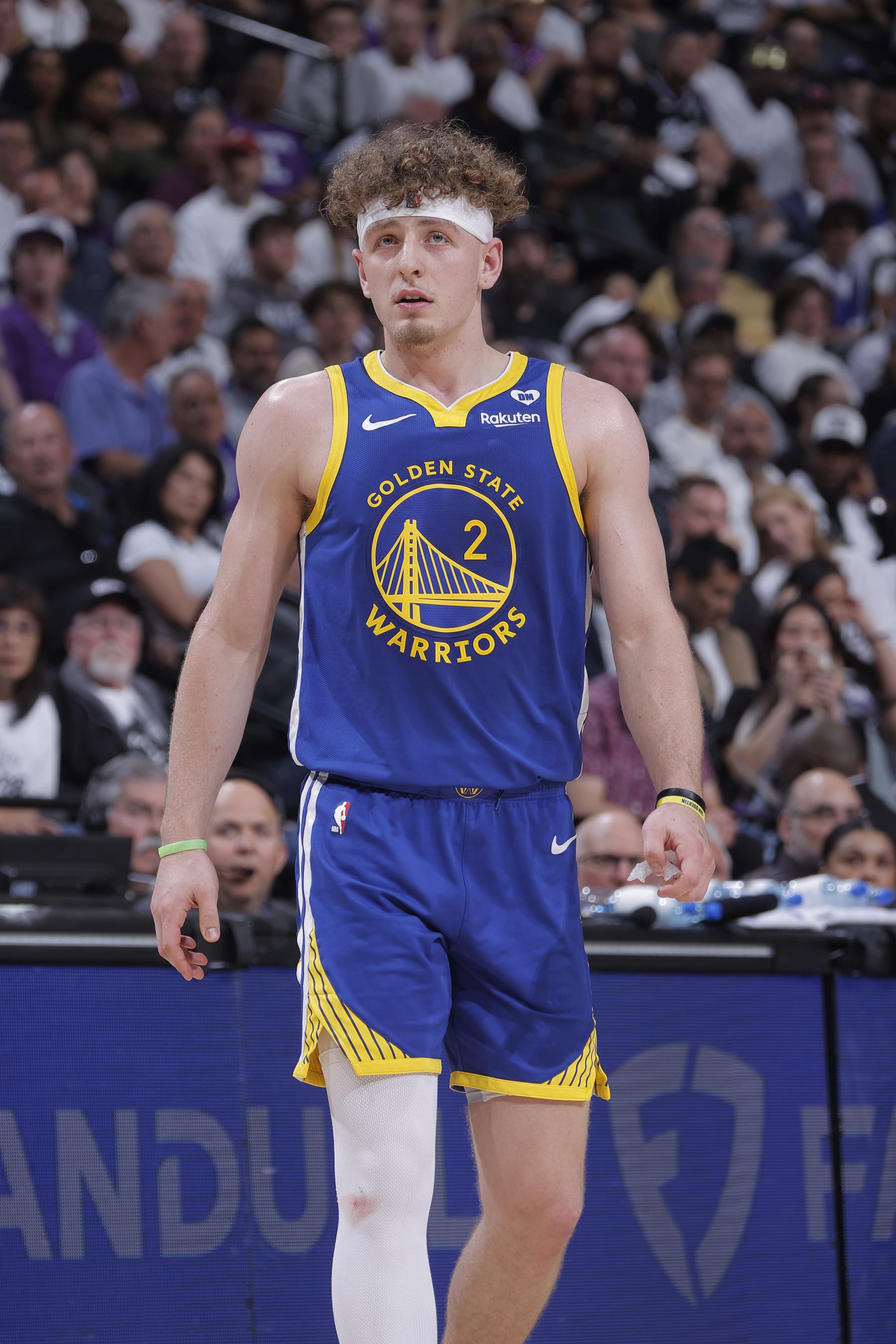 SACRAMENTO, CA - APRIL 16: Brandin Podziemski #2 of the Golden State Warriors looks on during the game against the Sacramento Kings during the 2024 Play-In Tournament on April 16, 2024 at Golden 1 Center in Sacramento, California. NOTE TO USER: User expressly acknowledges and agrees that, by downloading and or using this photograph, User is consenting to the terms and conditions of the Getty Images Agreement. Mandatory Copyright Notice: Copyright 2024 NBAE (Photo by Rocky Widner/NBAE via Getty Images)