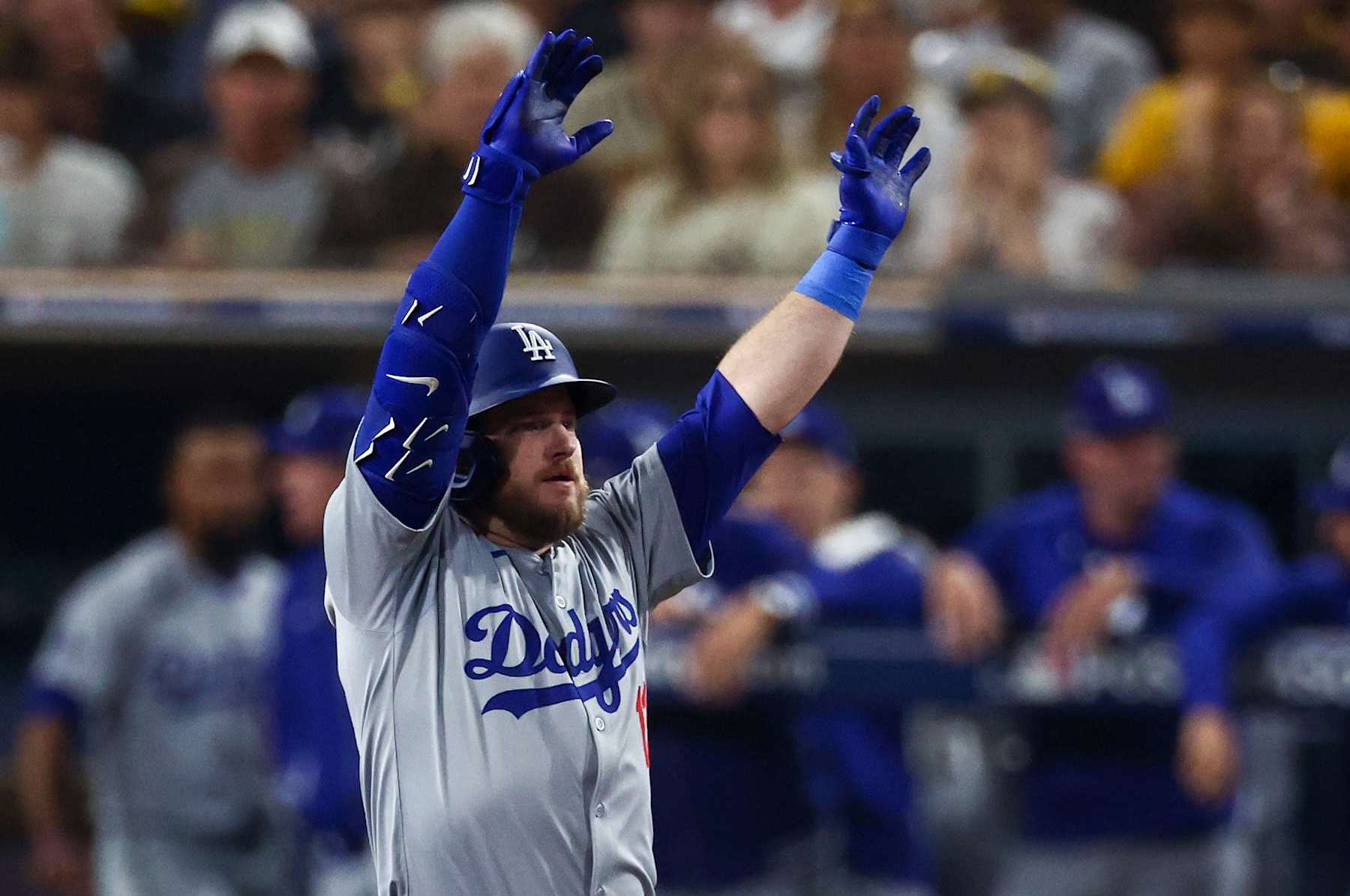 SAN DIEGO, CALIFORNIA - OCTOBER 09:  Max Muncy #13 of the Los Angeles Dodgers after hitting a double in the third inning during Game Four of the Division Series against the San Diego Padres at Petco Park on October 09, 2024 in San Diego, California. (Photo by Katelyn Mulcahy/Getty Images)