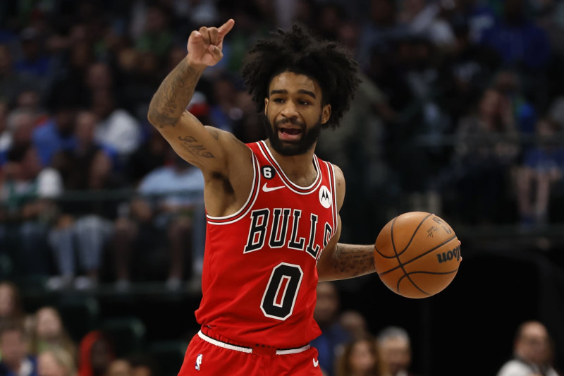 DALLAS, TEXAS - APRIL 07: Coby White #0 of the Chicago Bulls calls a play in the game against the Dallas Mavericks at American Airlines Center on April 07, 2023 in Dallas, Texas. NOTE TO USER: User expressly acknowledges and agrees that, by downloading and or using this photograph, User is consenting to the terms and conditions of the Getty Images License Agreement. (Photo by Tim Heitman/Getty Images)