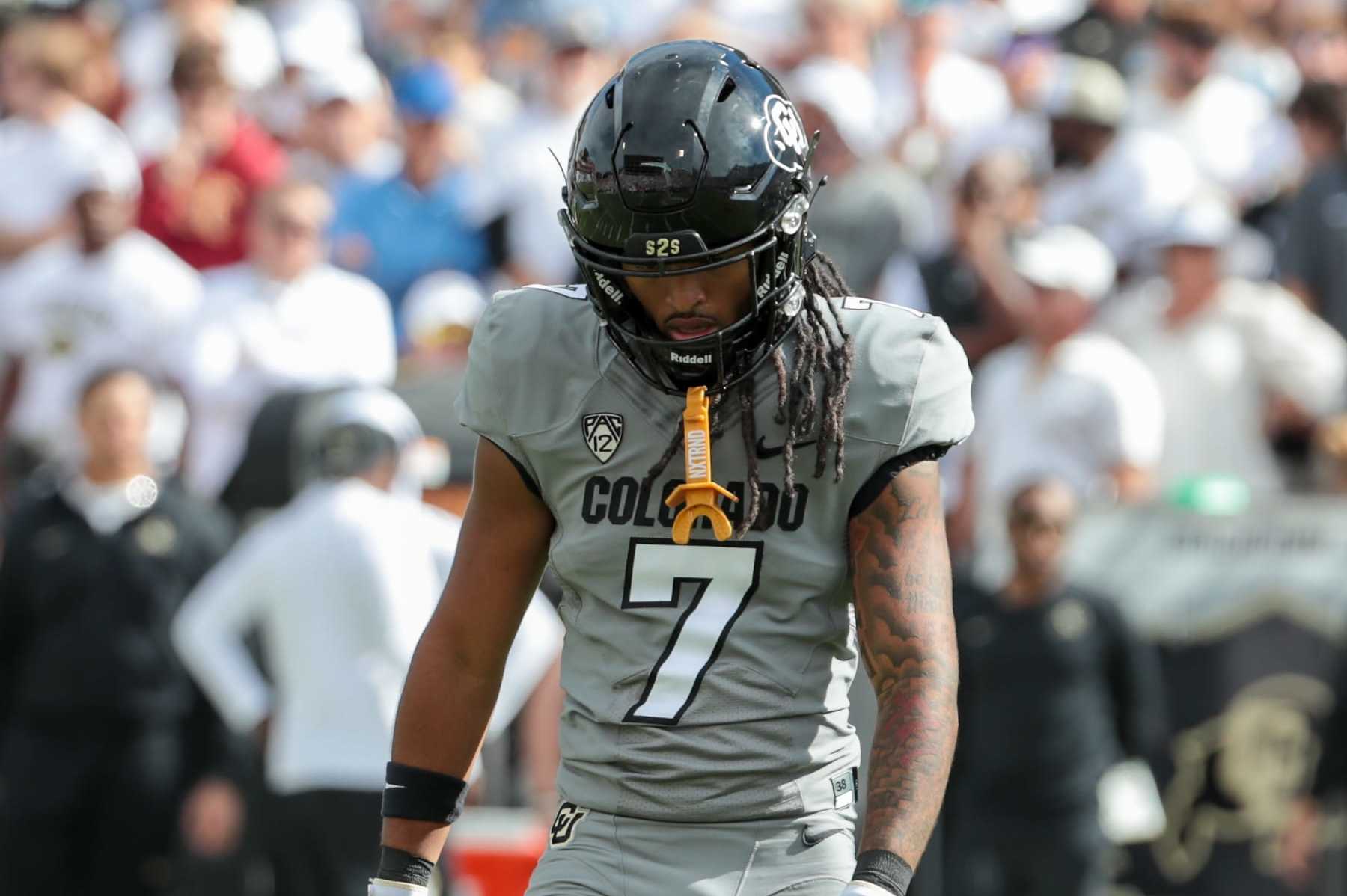 BOULDER, CO - SEPTEMBER 30: Colorado Buffaloes safety Cam'Ron Silmon-Craig (7) looks down  during the college football game between the USC Trojans and the Colorado Buffaloes on September 30, 2023, at Folsom Field in Boulder, CO. (Photo by Jevone Moore/Icon Sportswire via Getty Images)