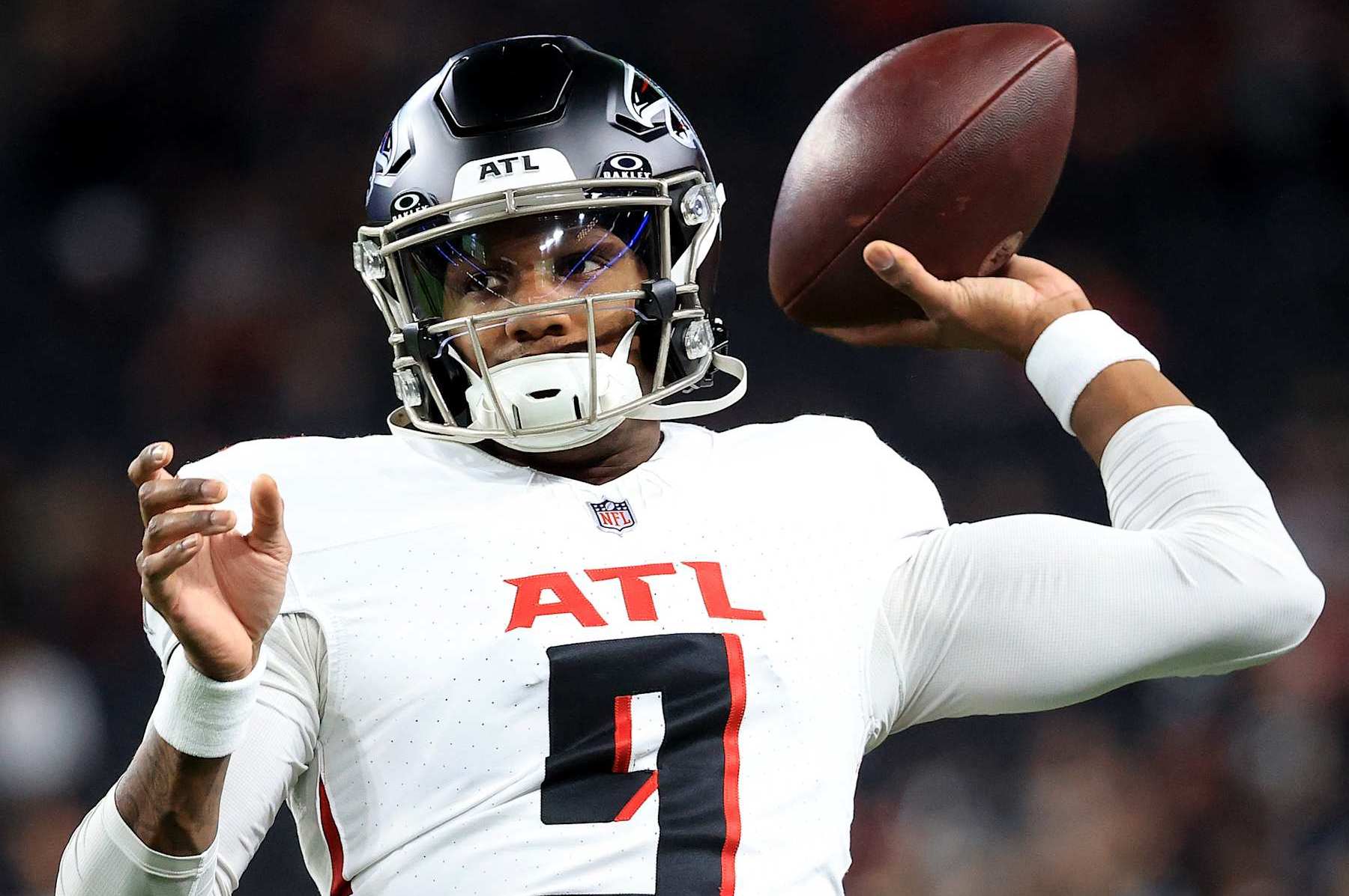LAS VEGAS, NEVADA - DECEMBER 16: Michael Penix Jr. #9 of the Atlanta Falcons warms up prior to the game against the Las Vegas Raiders at Allegiant Stadium on December 16, 2024 in Las Vegas, Nevada. (Photo by Ian Maule/Getty Images)