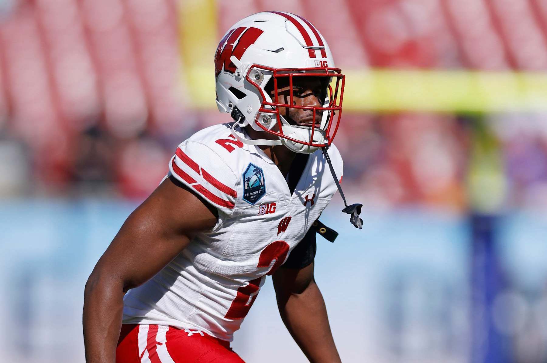 TAMPA, FL - JANUARY 01: Wisconsin Badgers cornerback Ricardo Hallman (2) lines up on defense during the ReliaQuest Bowl against the LSU Tigers on January 1, 2024 at Raymond James Stadium in Tampa, Florida. (Photo by Joe Robbins/Icon Sportswire via Getty Images)