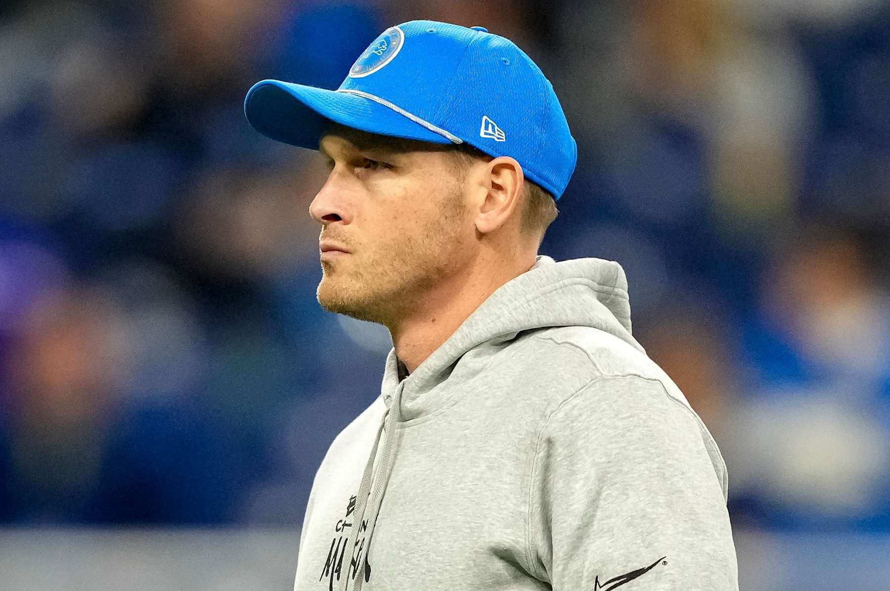 DETROIT, MICHIGAN - DECEMBER 15: Offensive coordinator Ben Johnson of the Detroit Lions looks on against the Buffalo Bills at Ford Field on December 15, 2024 in Detroit, Michigan. (Photo by Nic Antaya/Getty Images)