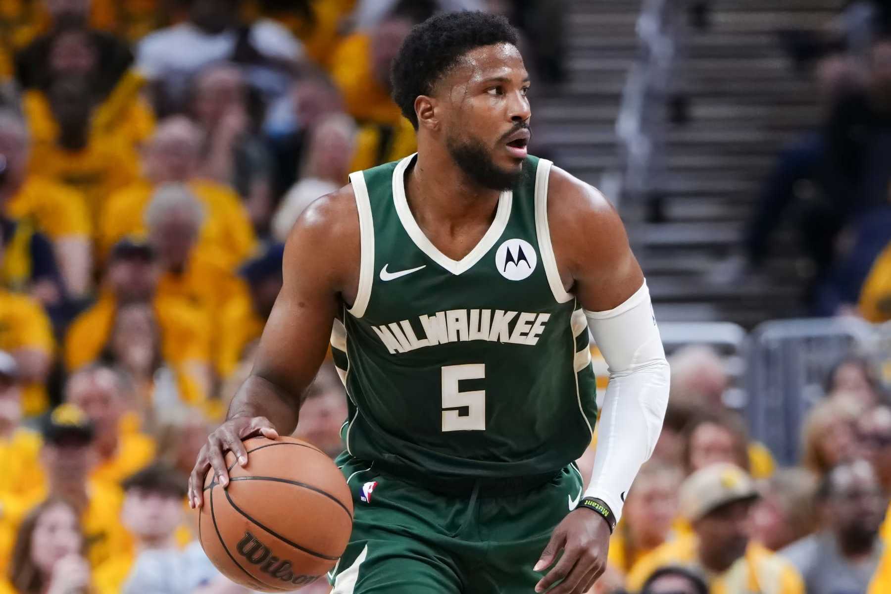 INDIANAPOLIS, INDIANA - MAY 02: Malik Beasley #5 of the Milwaukee Bucks dribbles the ball in the third quarter against the Indiana Pacers during game six of the Eastern Conference First Round Playoffs at Gainbridge Fieldhouse on May 02, 2024 in Indianapolis, Indiana. NOTE TO USER: User expressly acknowledges and agrees that, by downloading and or using this photograph, User is consenting to the terms and conditions of the Getty Images License Agreement. (Photo by Dylan Buell/Getty Images)