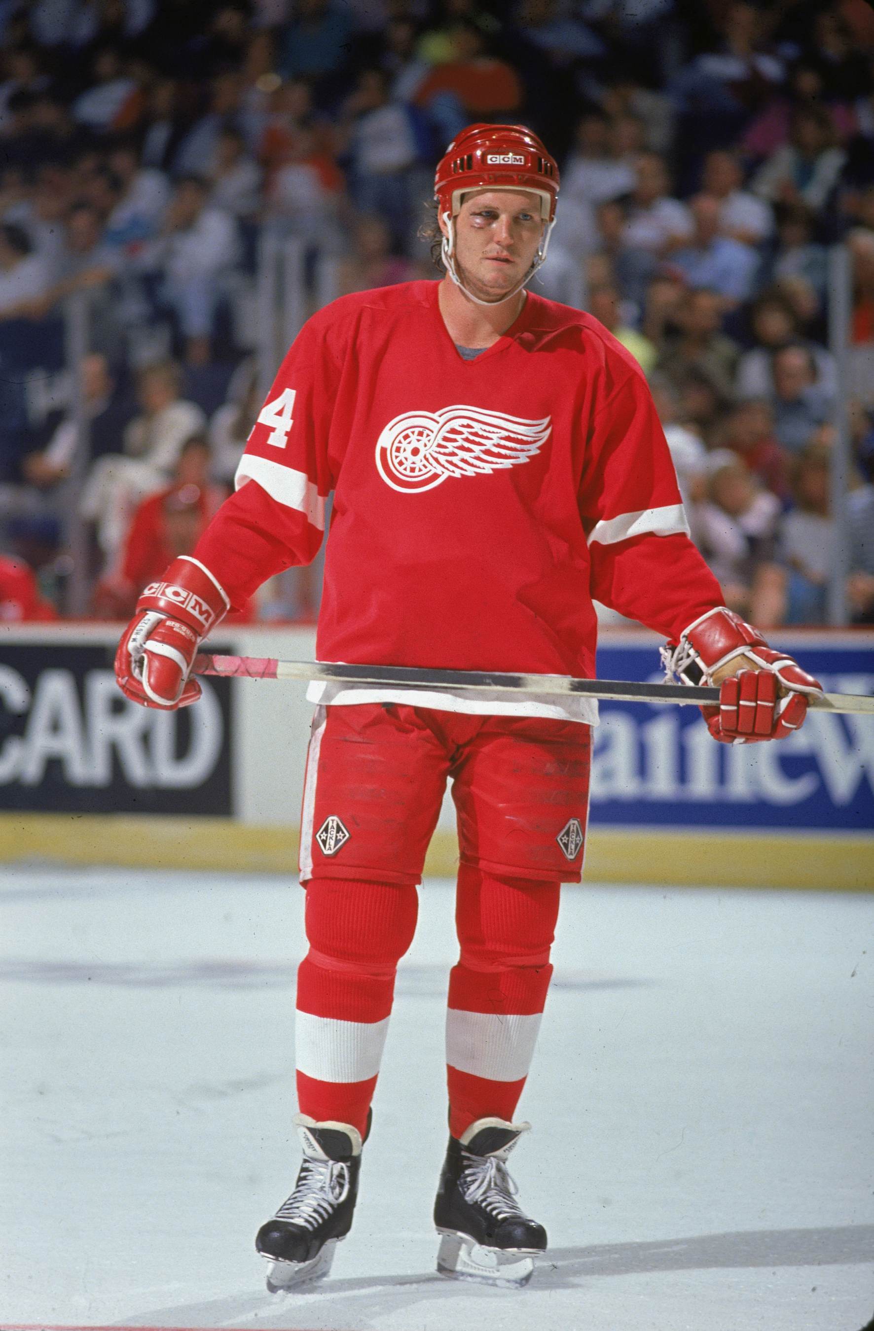 Canadian professional hockey player Bob Probert of the Detroit Red Wings has a black eye during a road game, early 1990s. (Photo by Brian Miller/Getty Images)