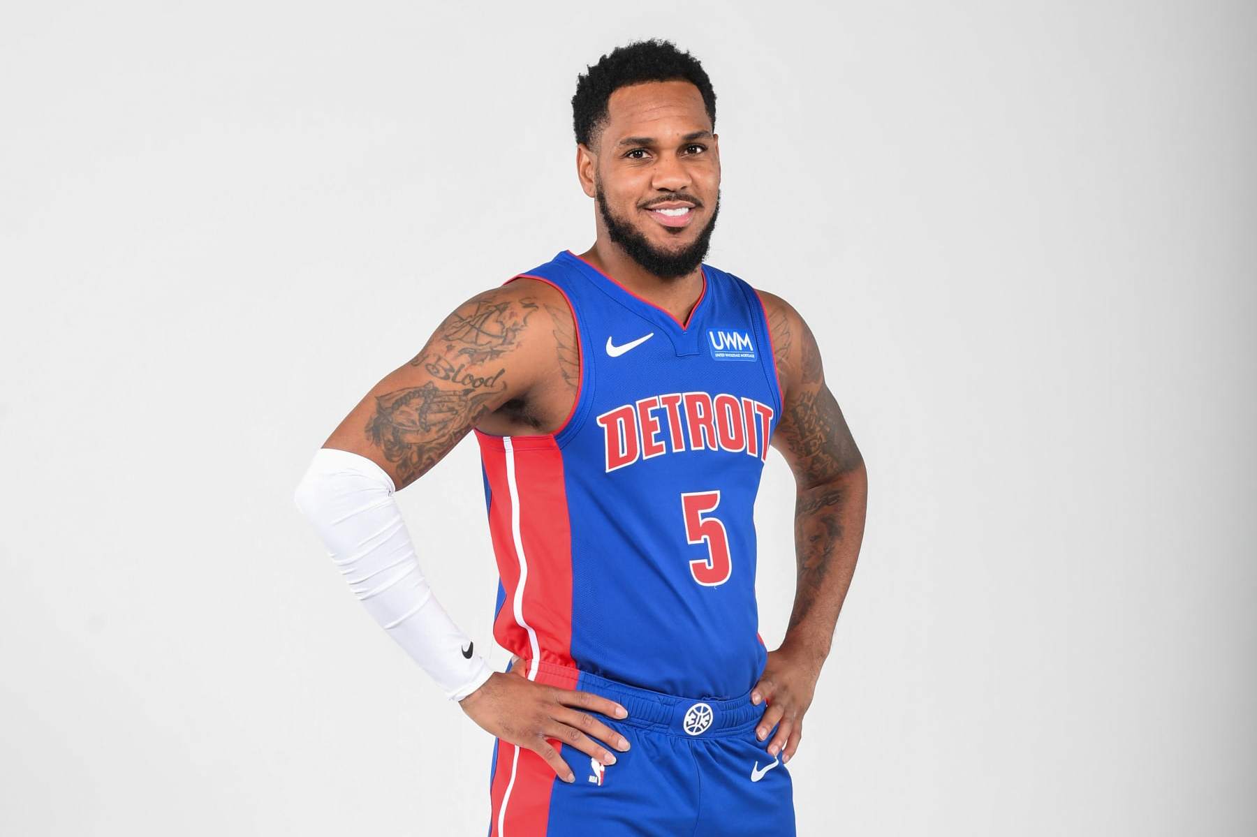 DETROIT, MICHIGAN - OCTOBER 2: Monte Morris #5 of the Detroit Pistons poses for a portrait during the 2023-24 NBA Media Day at Little Caesars Arena on October 2, 2023 in Detroit, Michigan. NOTE TO USER: User expressly acknowledges and agrees that, by downloading and or using this photograph, User is consenting to the terms and conditions of the Getty Images License Agreement. Mandatory Copyright Notice: Copyright 2023 NBAE (Photo by Chris Schwegler/NBAE via Getty Images)