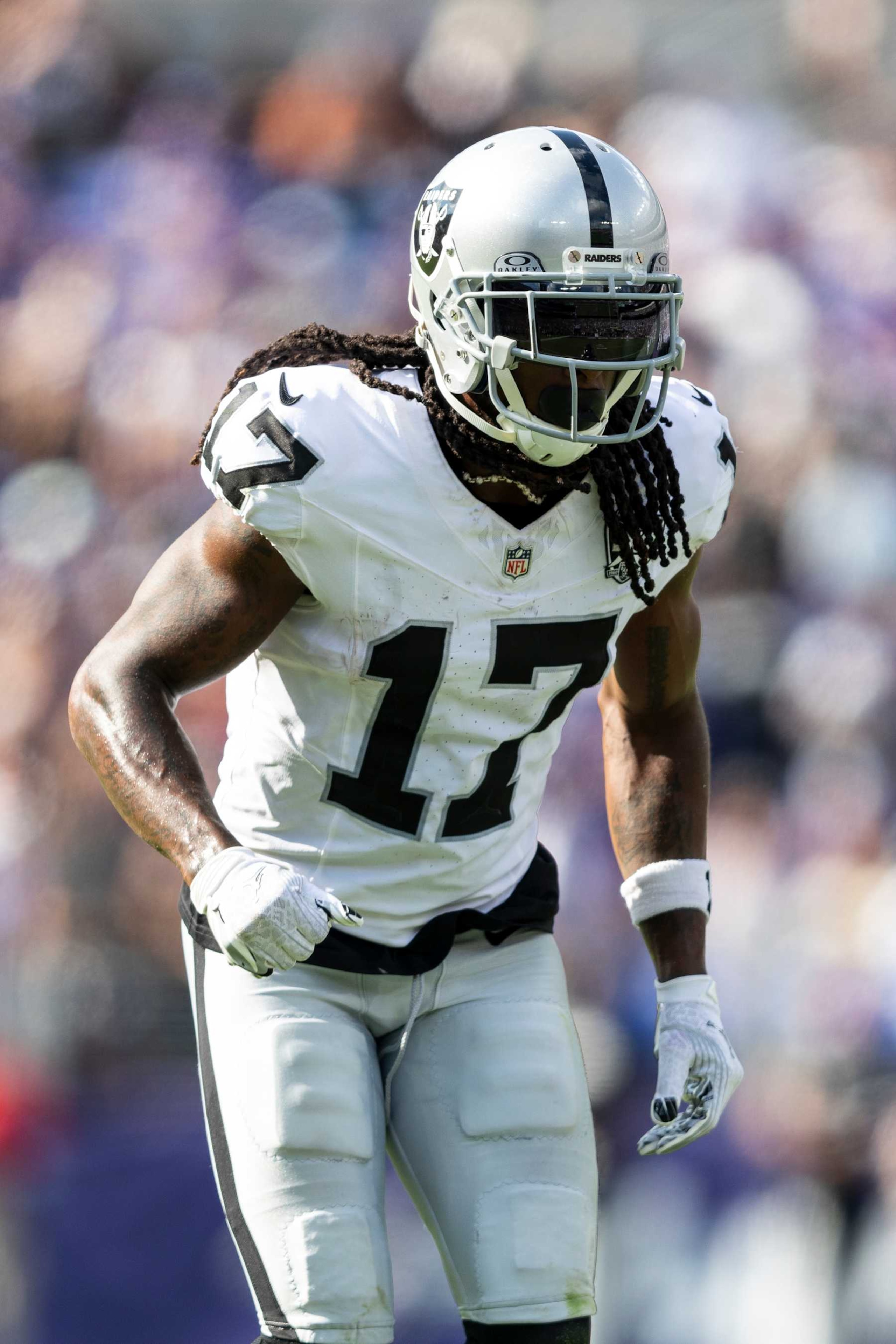 BALTIMORE, MARYLAND - SEPTEMBER 15: Davante Adams #17 of the Las Vegas Raiders lines up during an NFL football game between the Baltimore Ravens and the Las Vegas Raiders at M&T Bank Stadium on September 15, 2024 in Baltimore, Maryland. (Photo by Michael Owens/Getty Images)